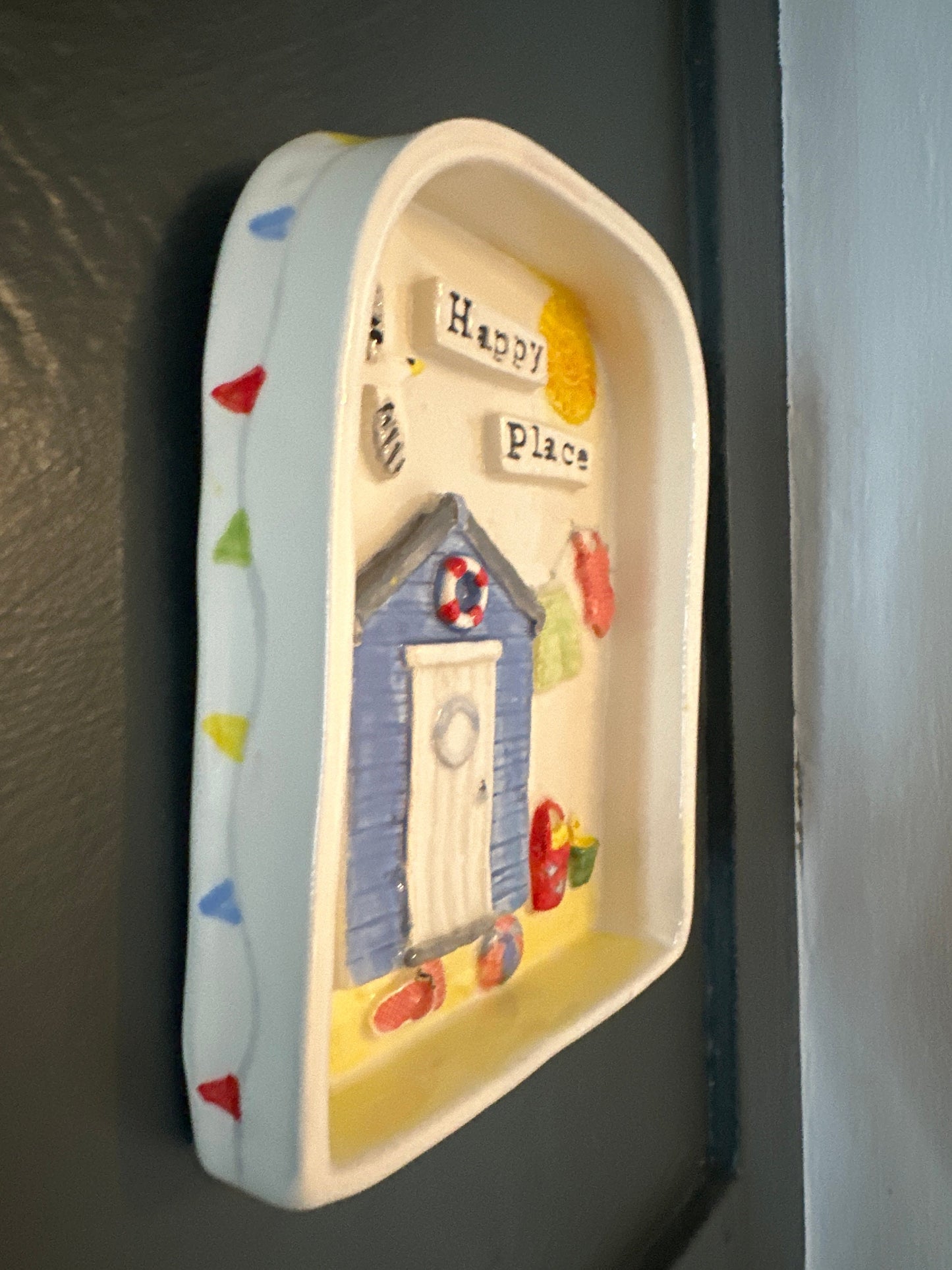 Happy Place Handmade ceramic art/picture . Hand built and hand painted. Beach hut scene