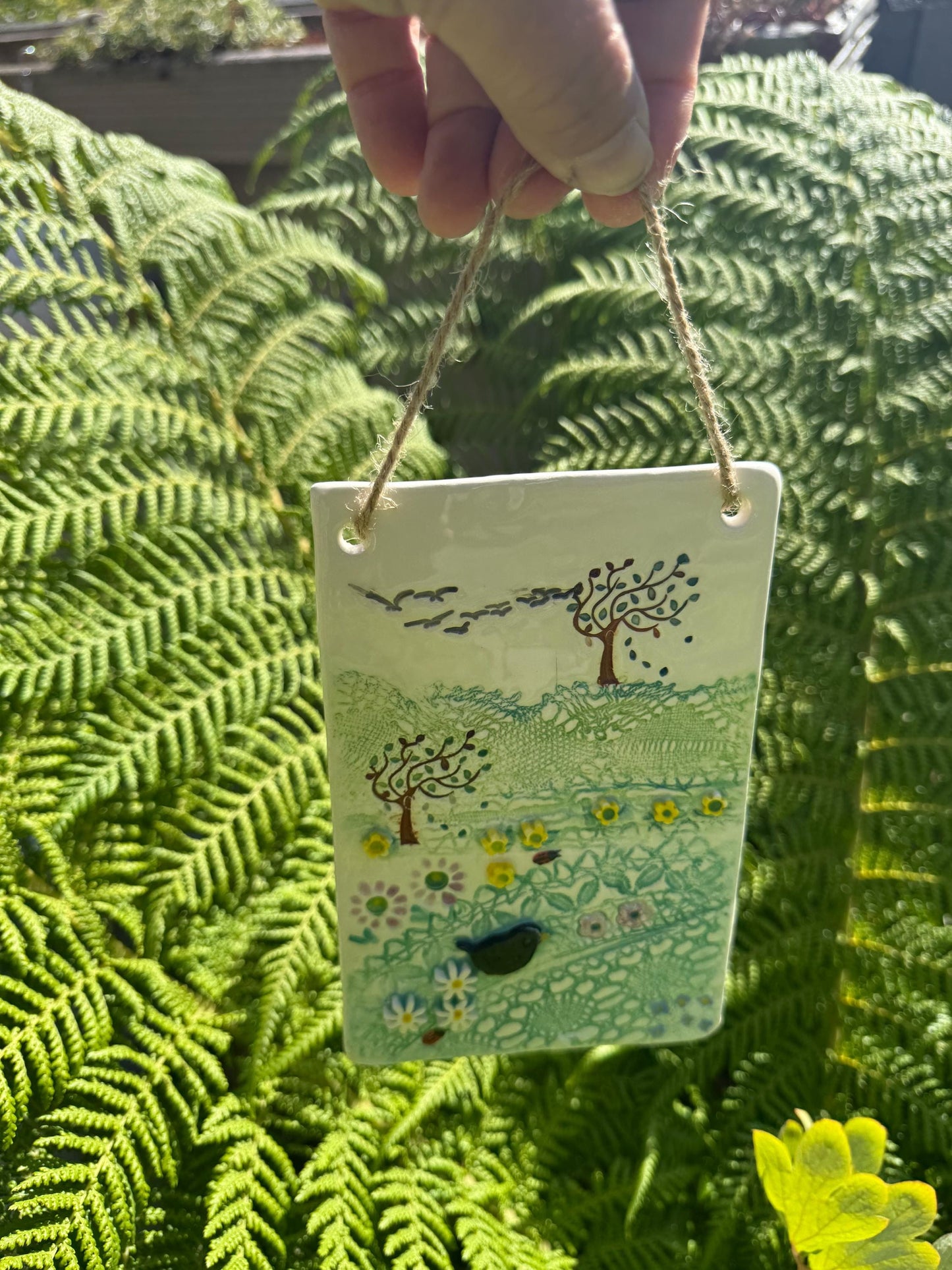 Handmade Inspirational Ceramic Wall Plaque. Hand Painted. Flowers, Birds, Garden