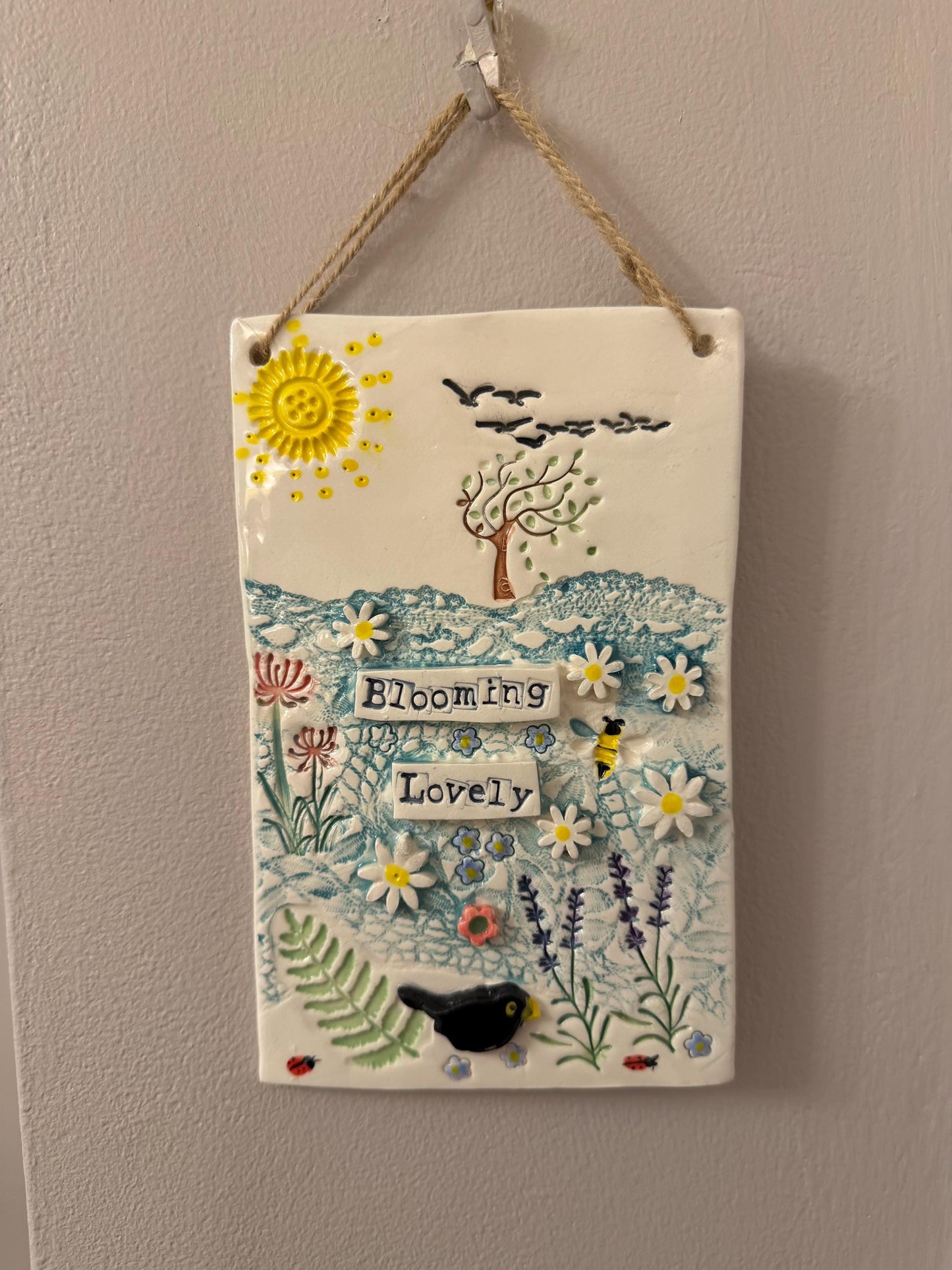 Handmade Inspirational Ceramic Wall Plaque. Hand Painted. Flowers, Birds, Garden