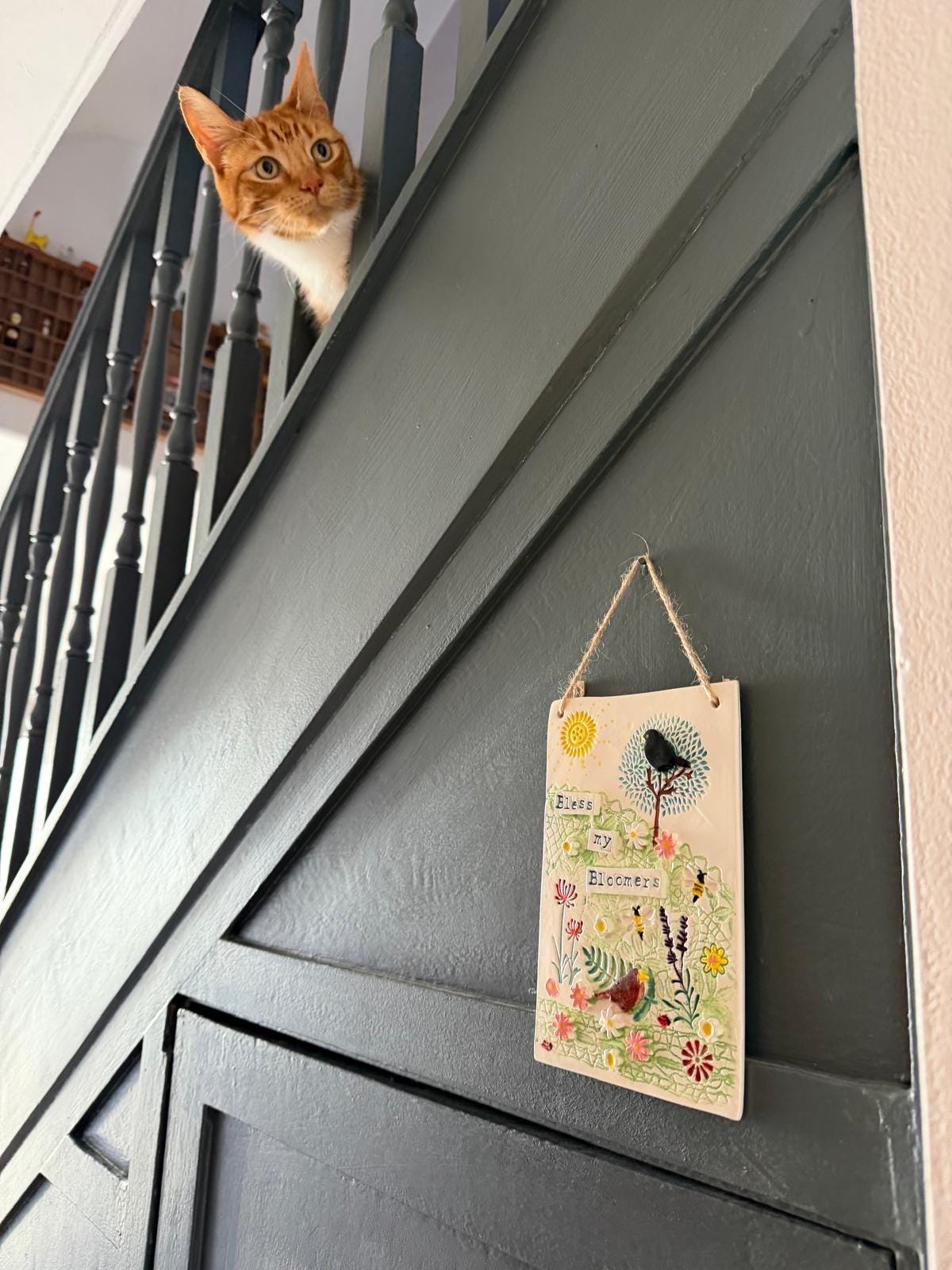 Handmade Inspirational Ceramic Wall Plaque. Hand Painted. Flowers, Birds, Garden