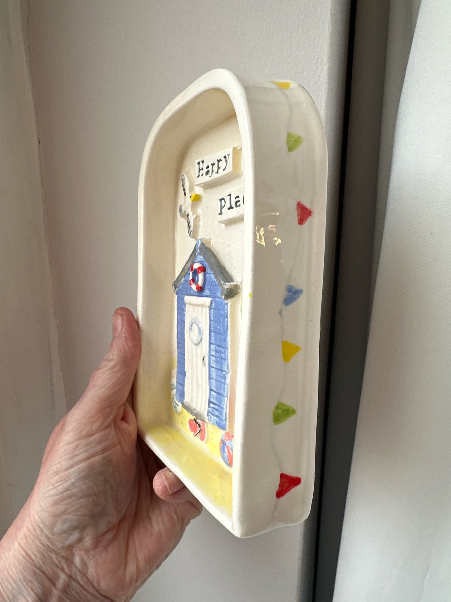 Happy Place Handmade ceramic art/picture . Hand built and hand painted. Beach hut scene
