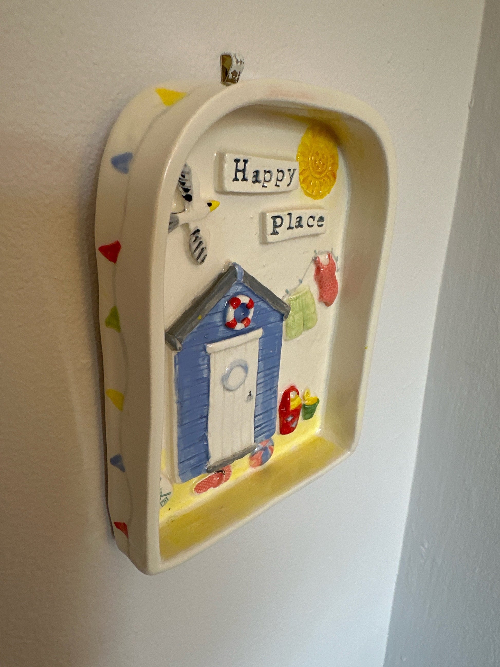 Happy Place Handmade ceramic art/picture . Hand built and hand painted. Beach hut scene