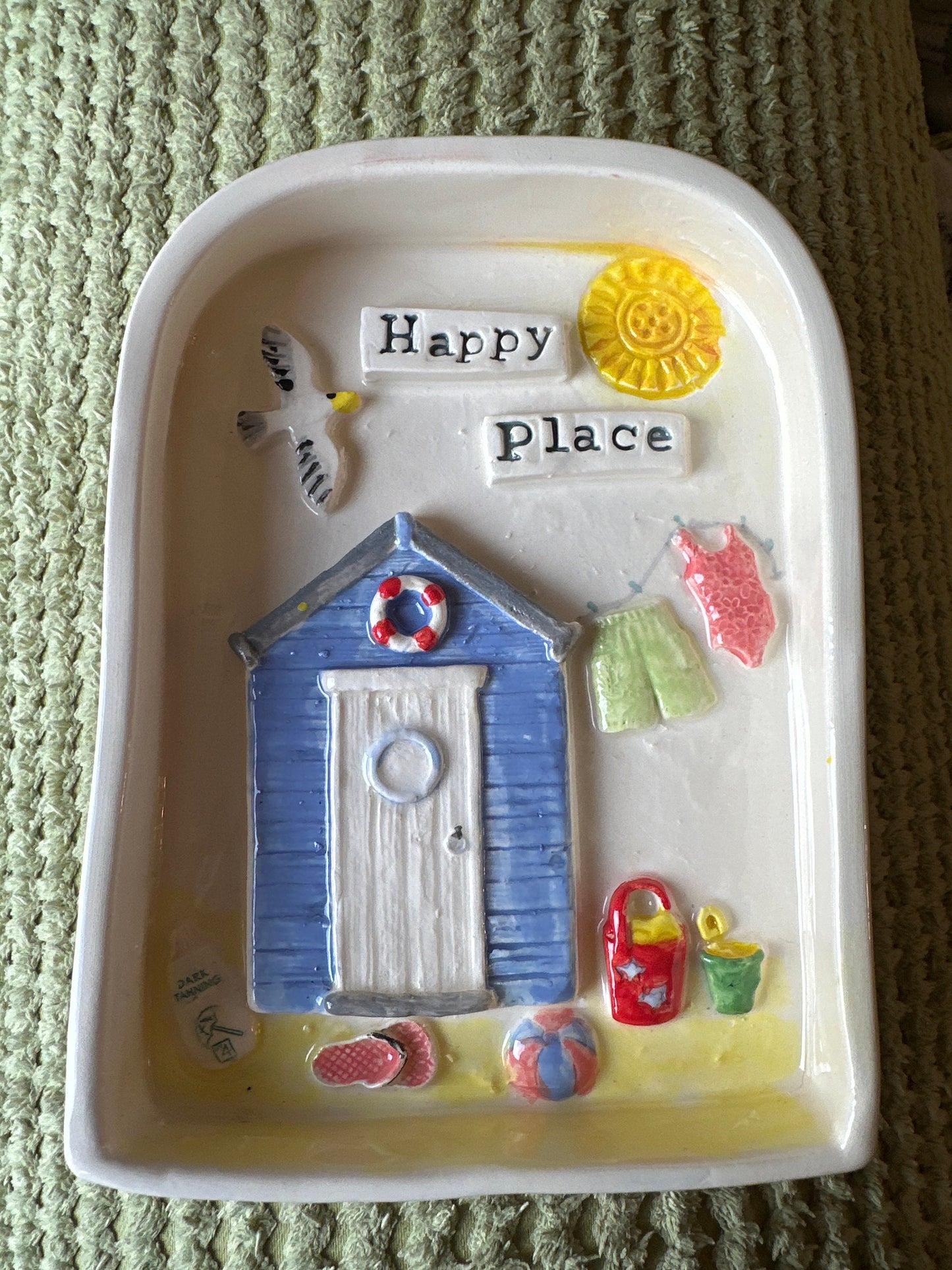 Happy Place Handmade ceramic art/picture . Hand built and hand painted. Beach hut scene