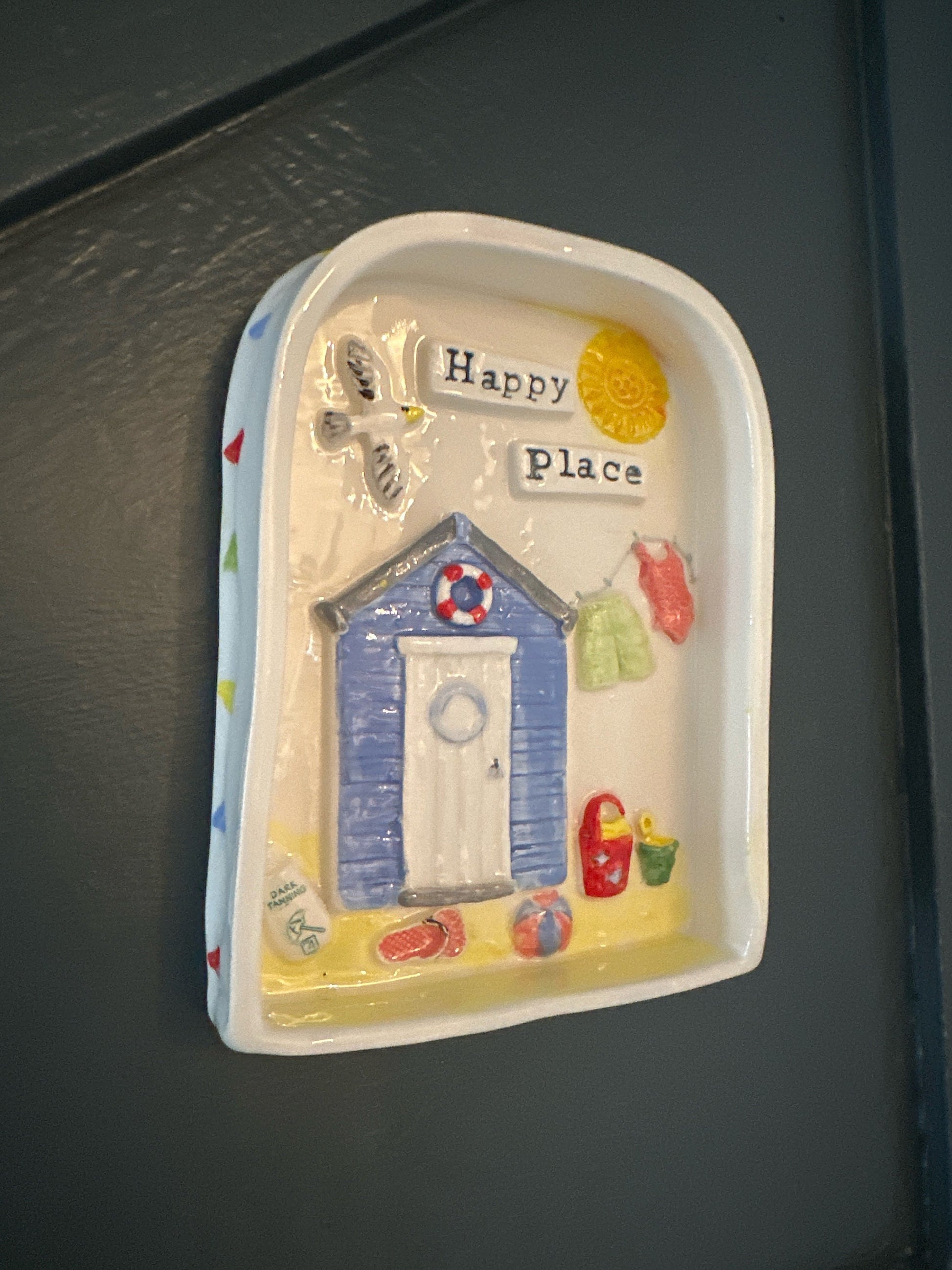 Happy Place Handmade ceramic art/picture . Hand built and hand painted. Beach hut scene