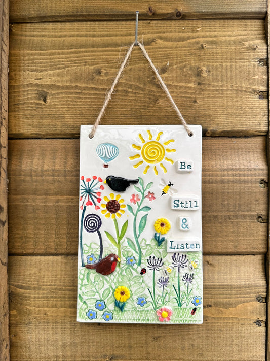Handmade Inspirational Ceramic Wall Plaque. Hand Painted. Flowers, Birds, Garden