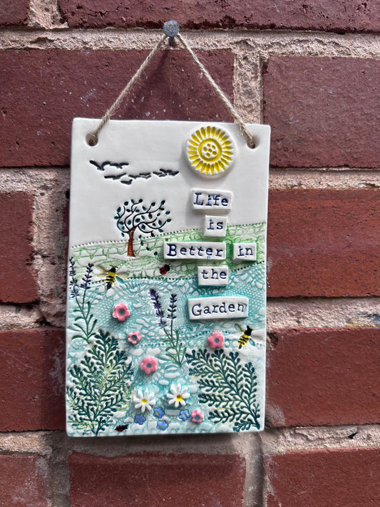 Handmade Inspirational Ceramic Wall Plaque. Hand Painted. Flowers, Birds, Garden