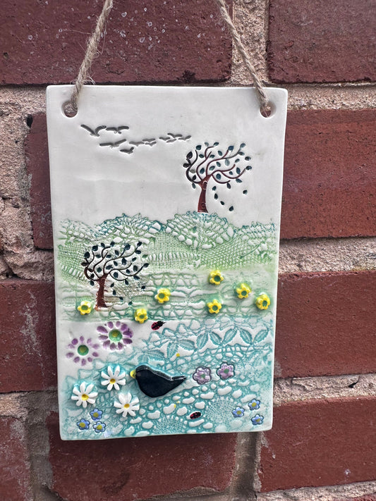 Handmade Inspirational Ceramic Wall Plaque. Hand Painted. Flowers, Birds, Garden