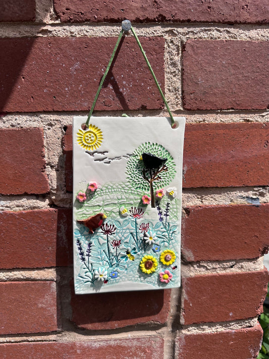 Handmade Inspirational Ceramic Wall Plaque. Hand Painted. Flowers, Birds, Garden