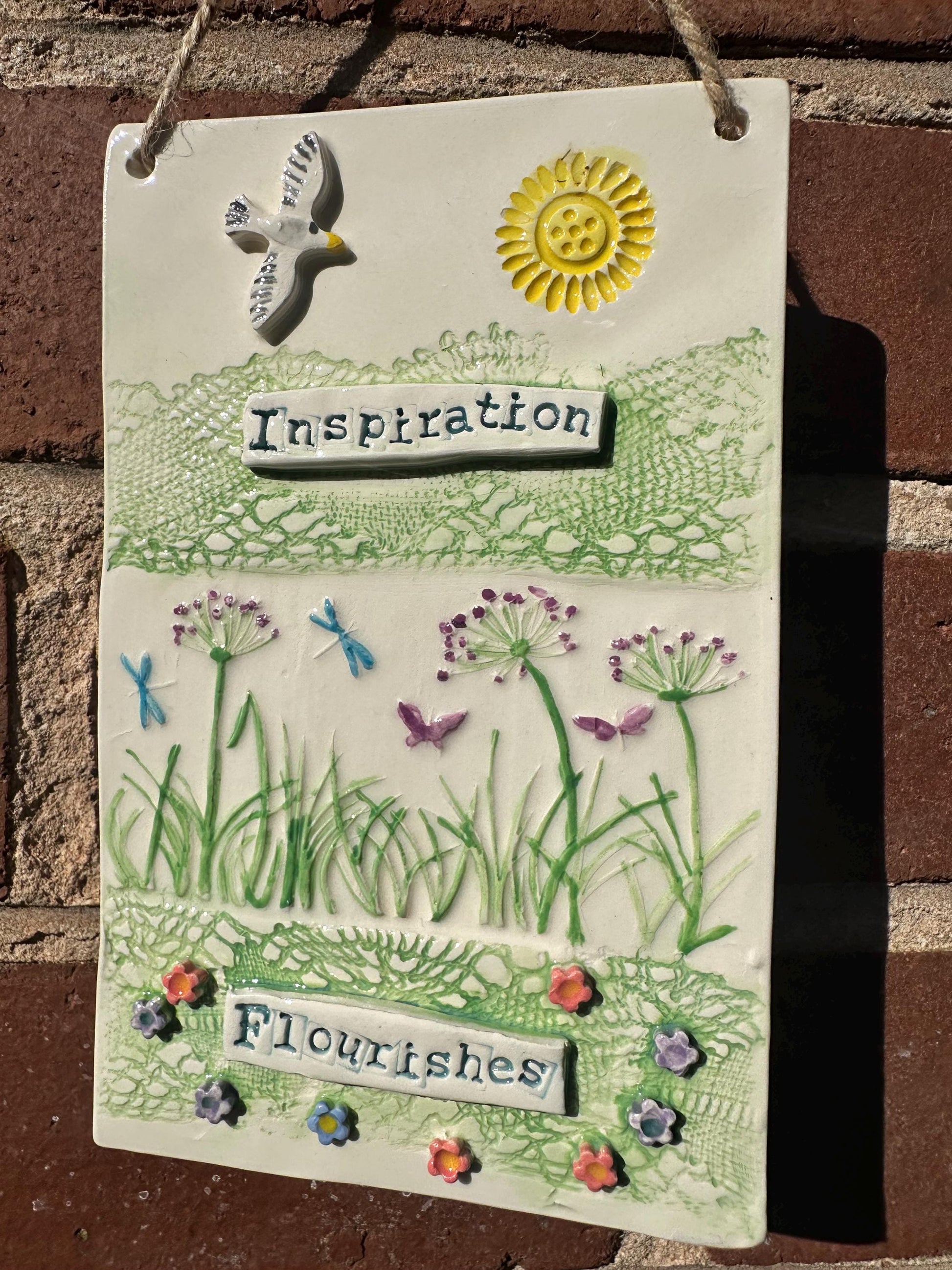 Handmade Inspirational Ceramic Wall Plaque. Hand Painted. Flowers, Birds, Garden ‘Inspiration Flourishes’