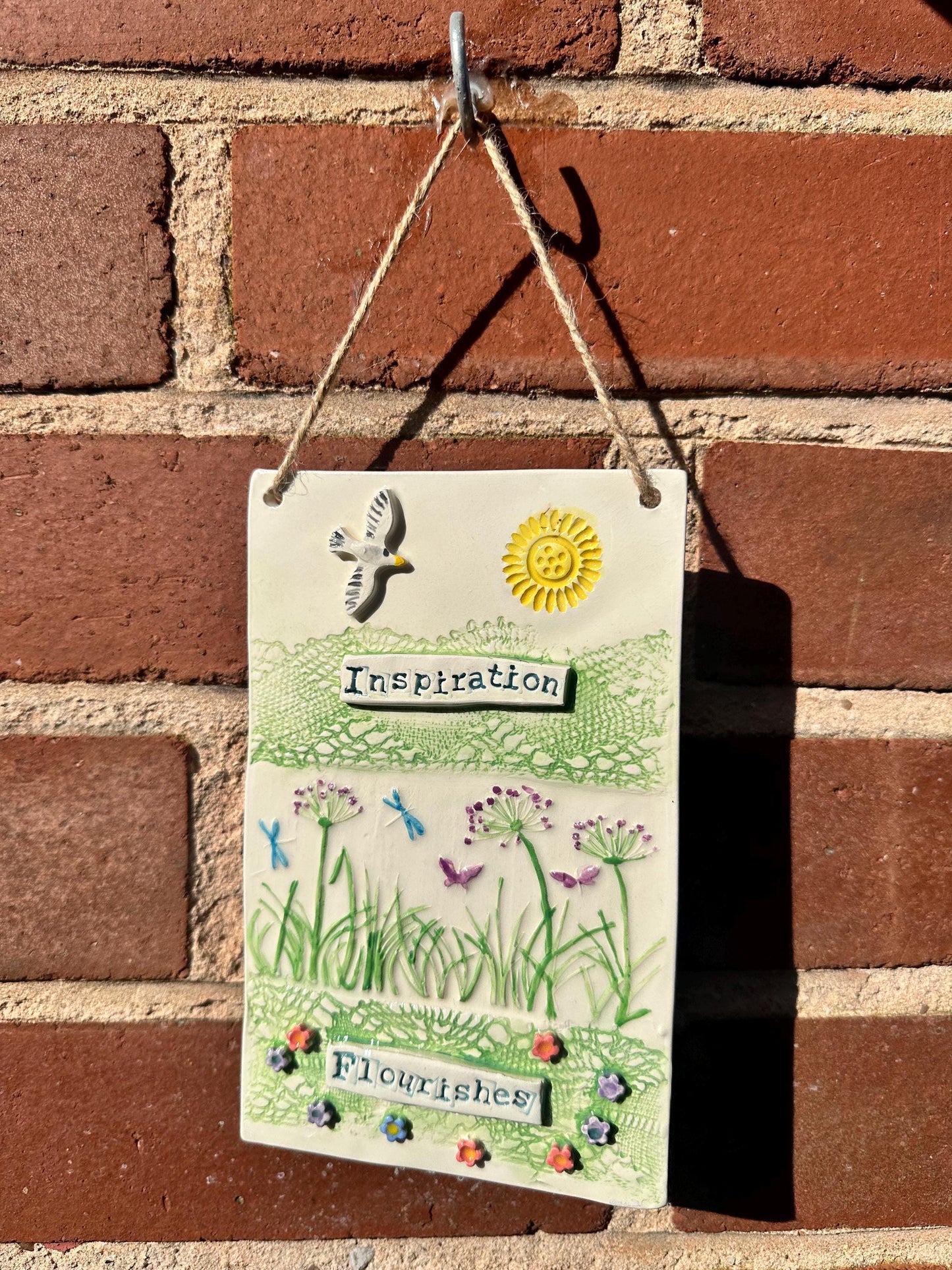 Handmade Inspirational Ceramic Wall Plaque. Hand Painted. Flowers, Birds, Garden ‘Inspiration Flourishes’