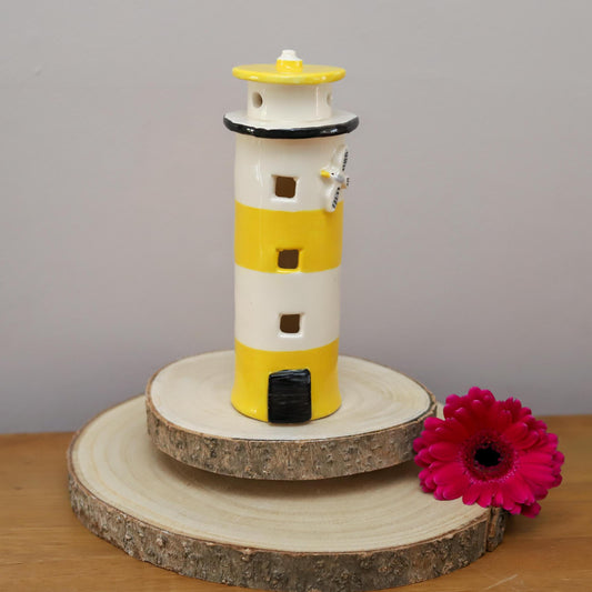 Handmade Ceramic Tealight Lighthouse. Yellow, Seaside Gift
