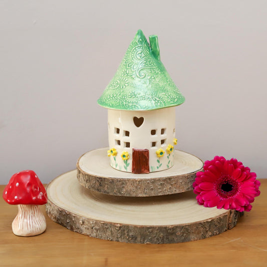 Ceramic Round Fairy Elf House Tea Light Holder