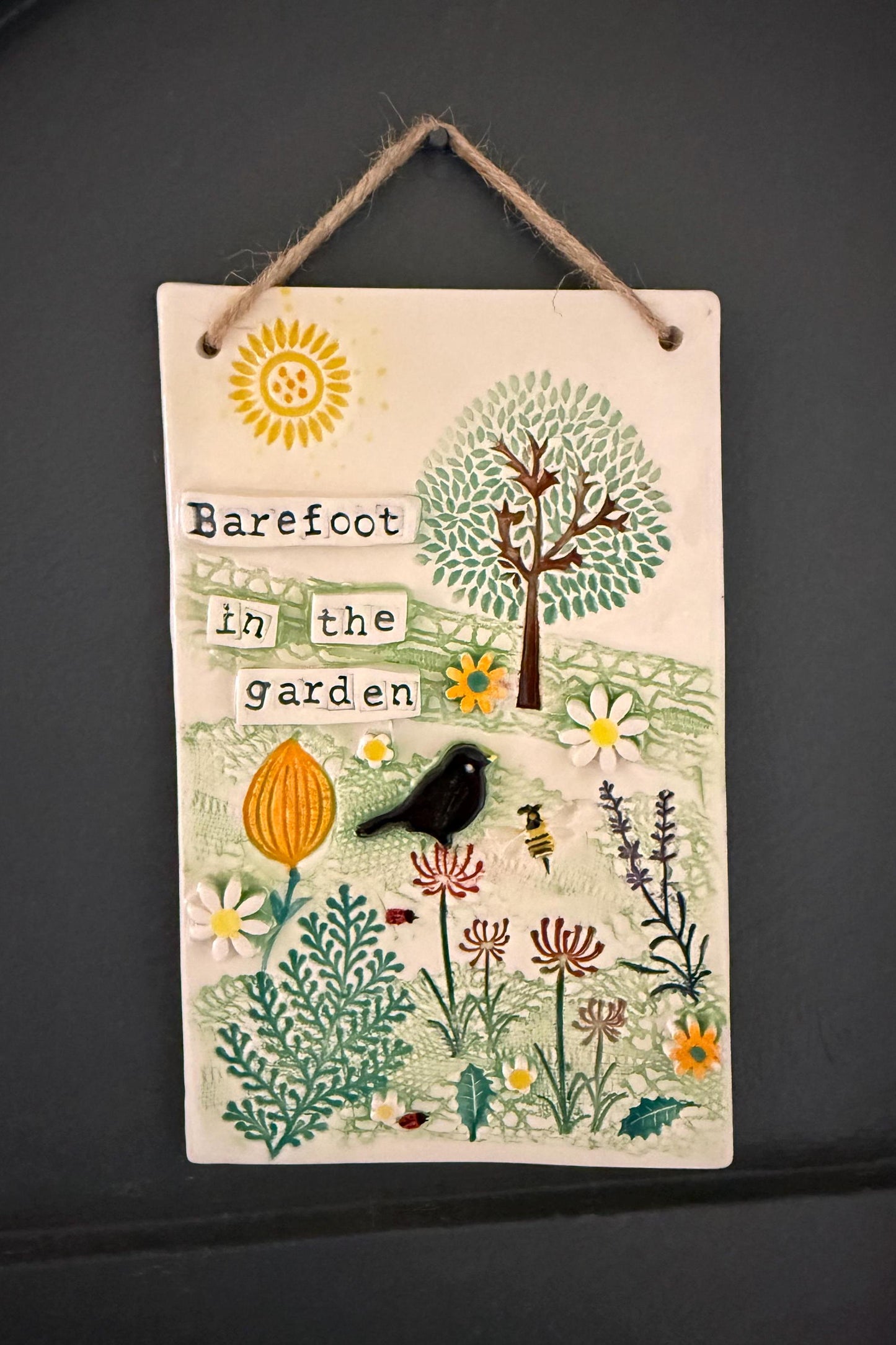 Handmade Inspirational Ceramic Wall Plaque. Hand Painted. Flowers, Birds, Garden