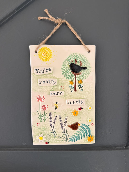 Handmade Inspirational Ceramic Wall Plaque. Hand Painted. Flowers, Birds, Garden