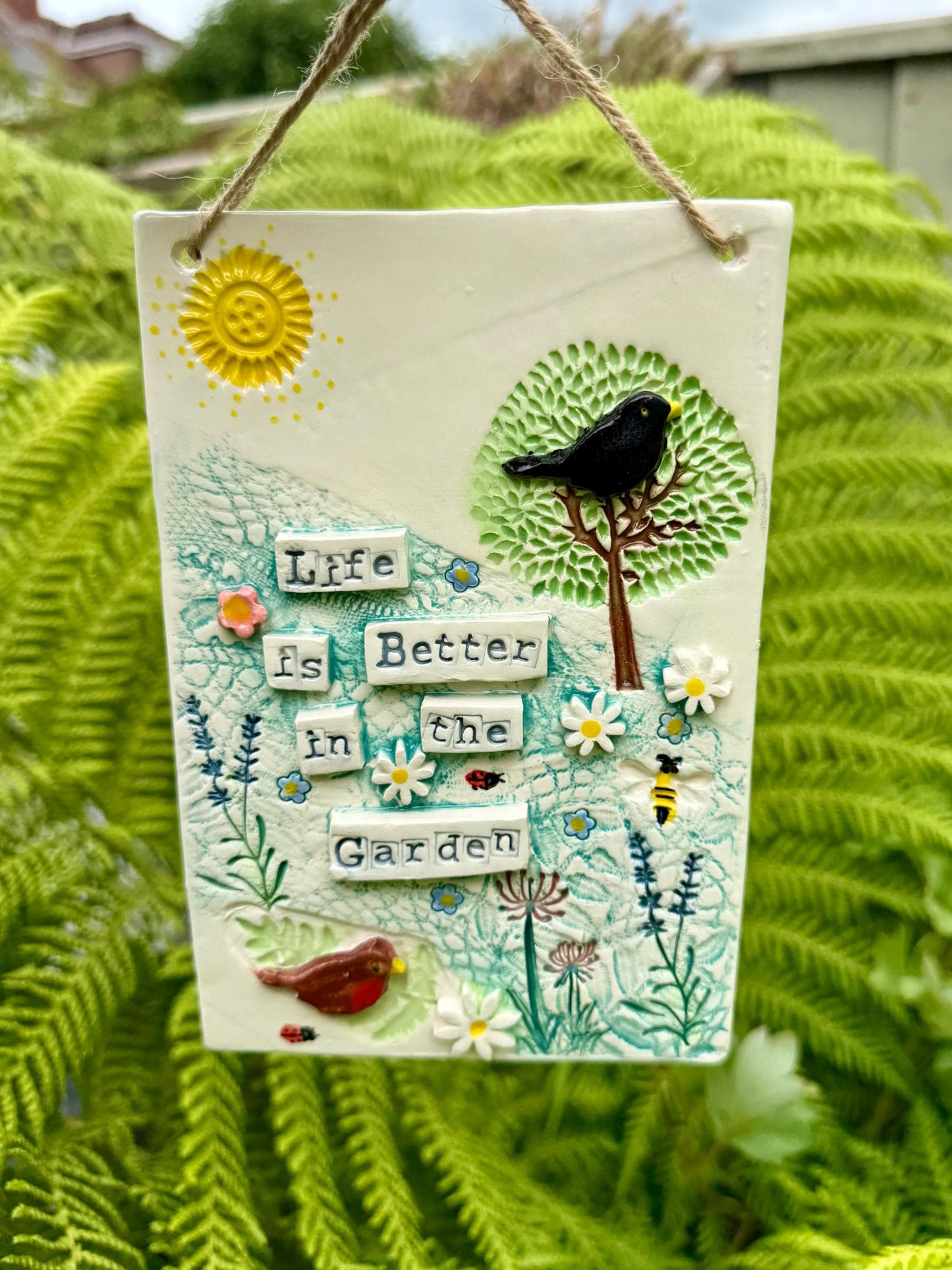 Handmade Inspirational Ceramic Wall Plaque. Hand Painted. Flowers, Birds, Garden