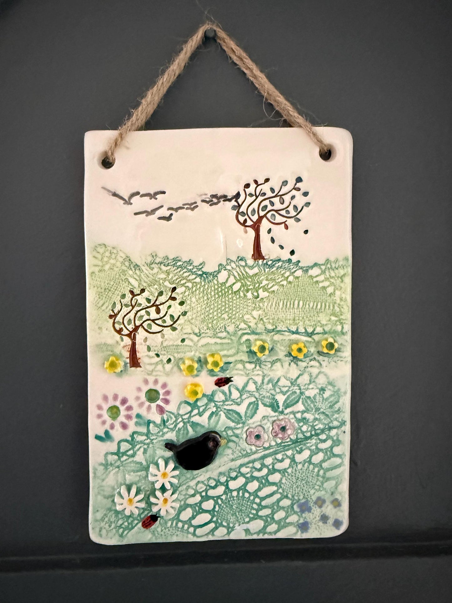 Handmade Inspirational Ceramic Wall Plaque. Hand Painted. Flowers, Birds, Garden