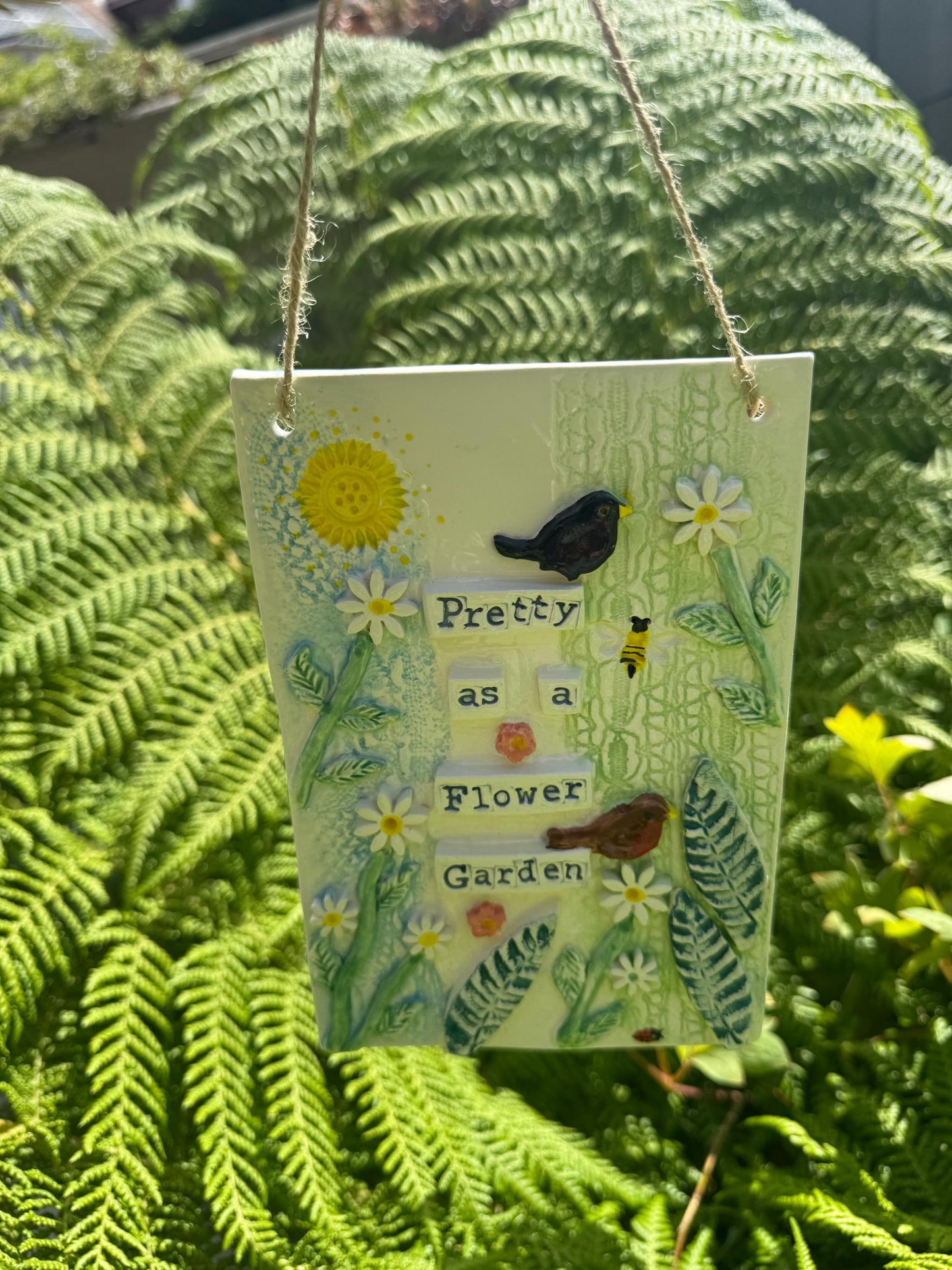 Handmade Inspirational Ceramic Wall Plaque. Hand Painted. Flowers, Birds, Garden