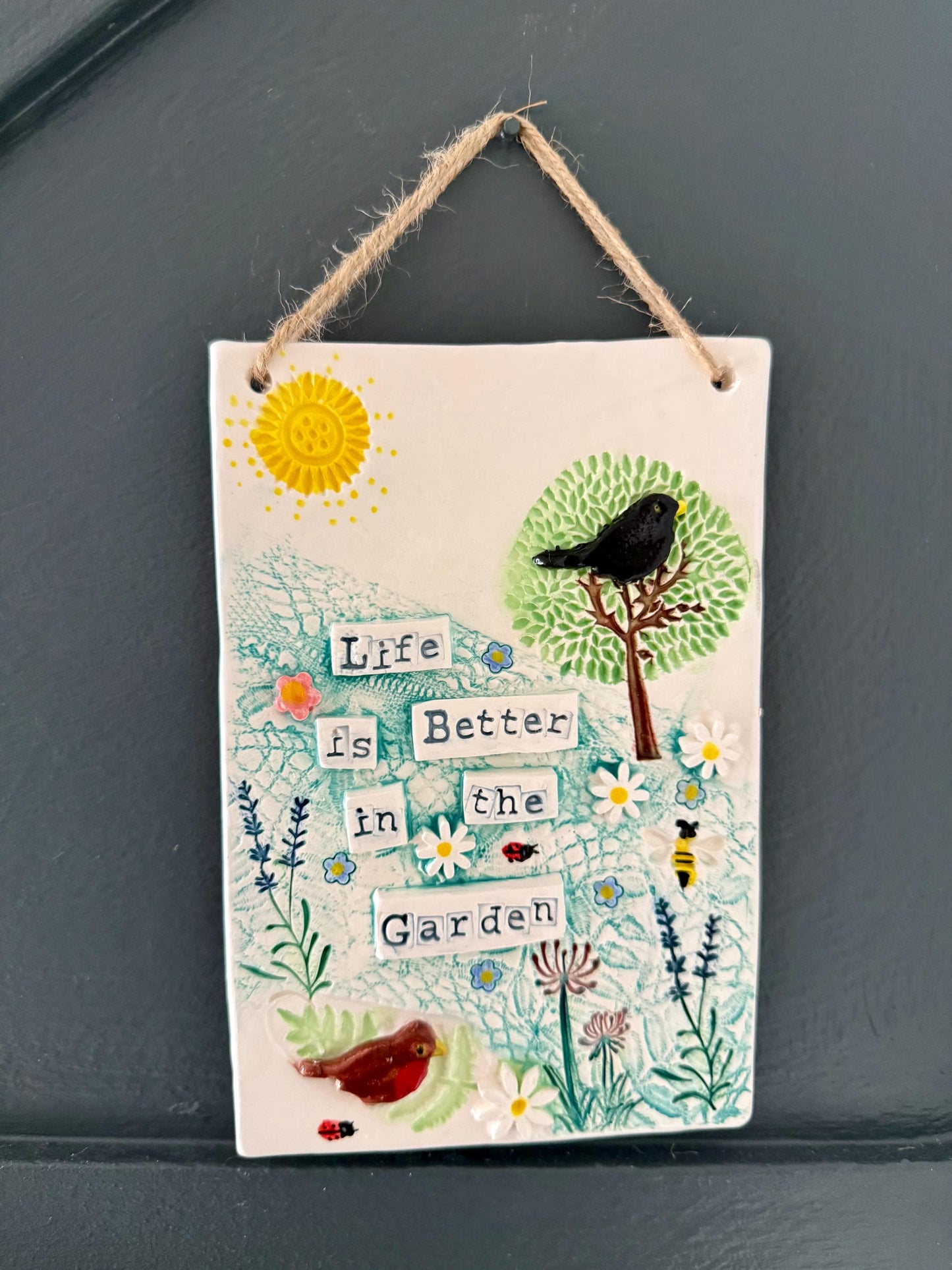 Handmade Inspirational Ceramic Wall Plaque. Hand Painted. Flowers, Birds, Garden