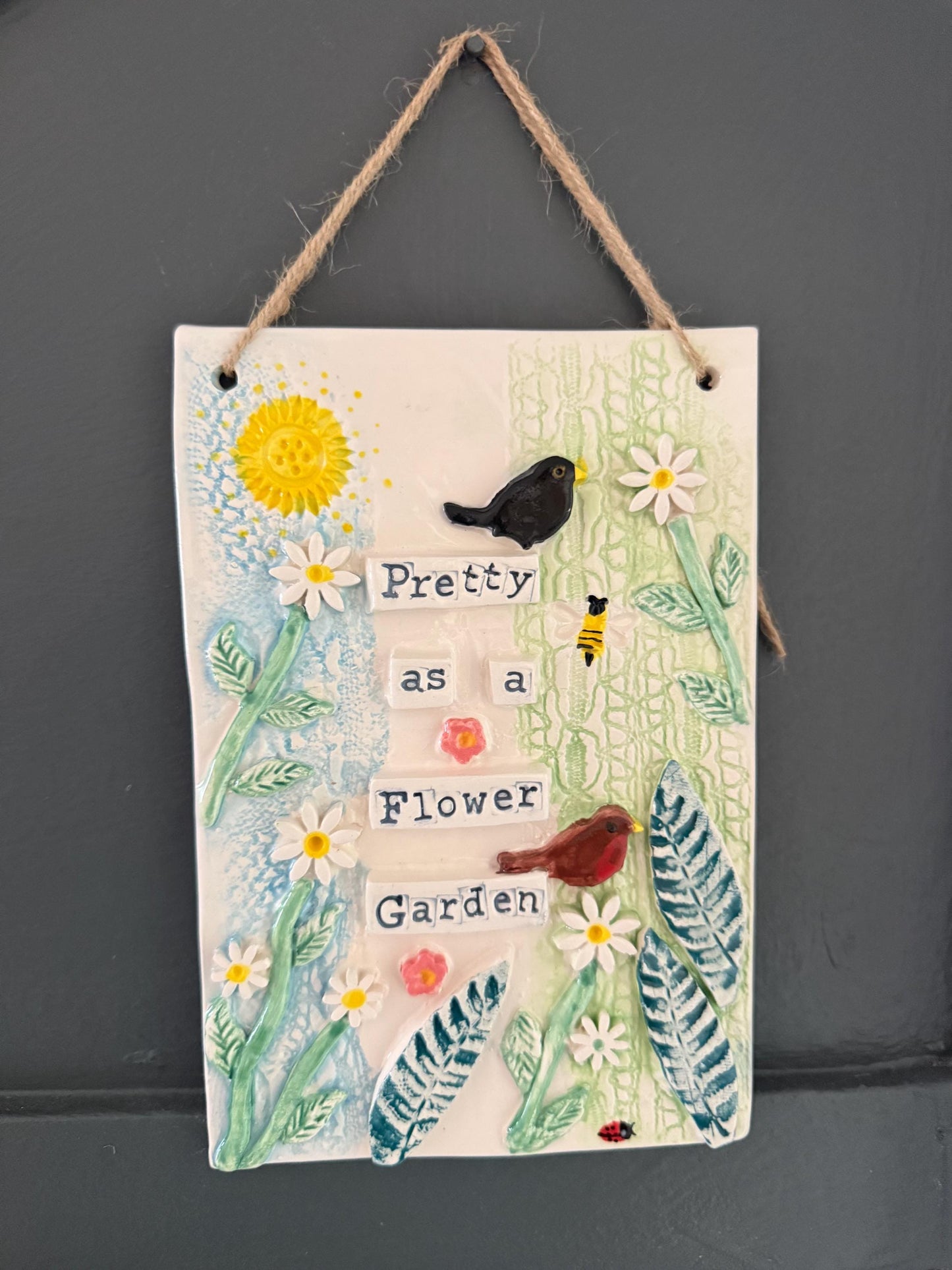 Handmade Inspirational Ceramic Wall Plaque. Hand Painted. Flowers, Birds, Garden