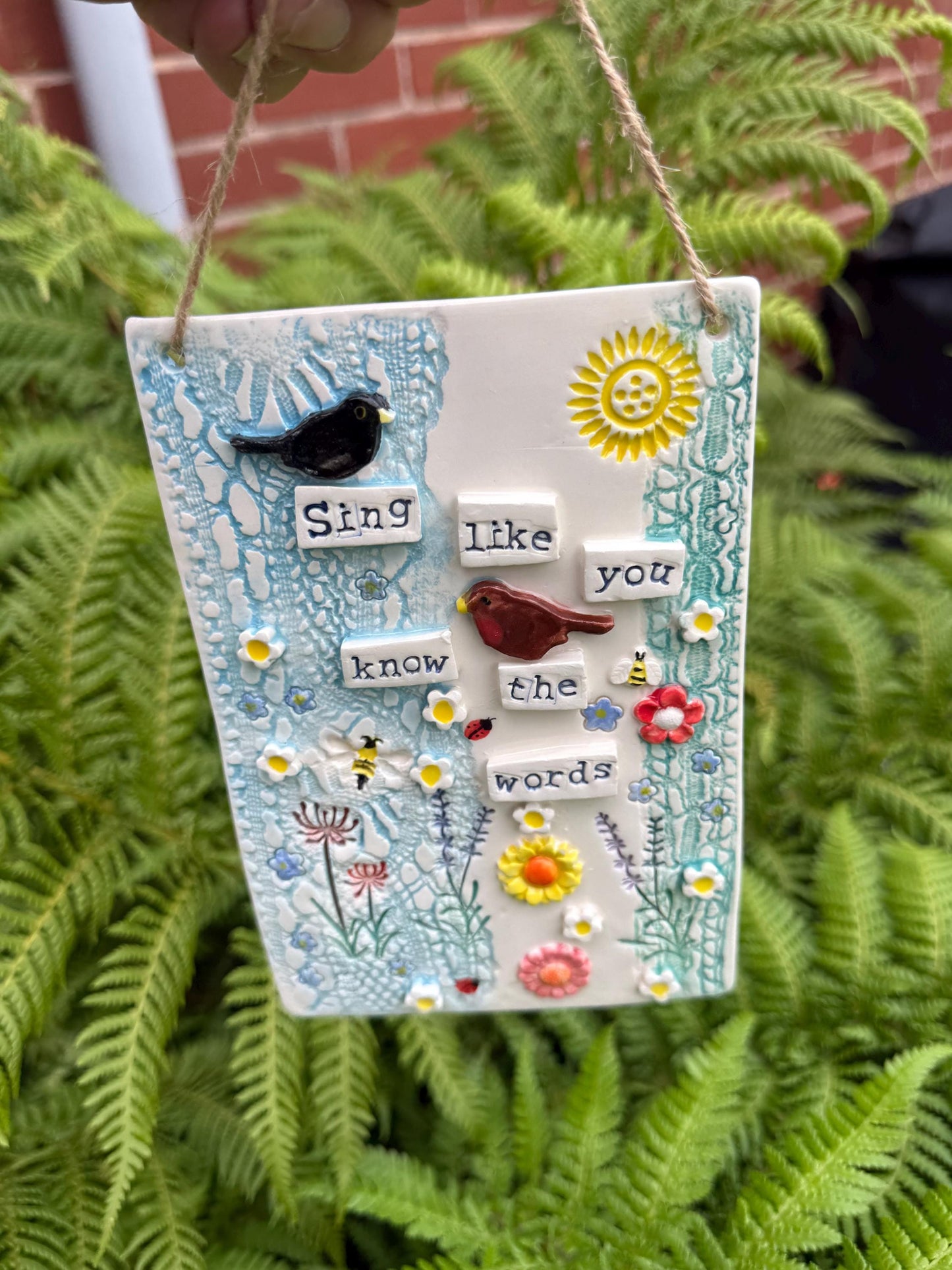 Handmade Inspirational Ceramic Wall Plaque. Hand Painted. Flowers, Birds, Garden