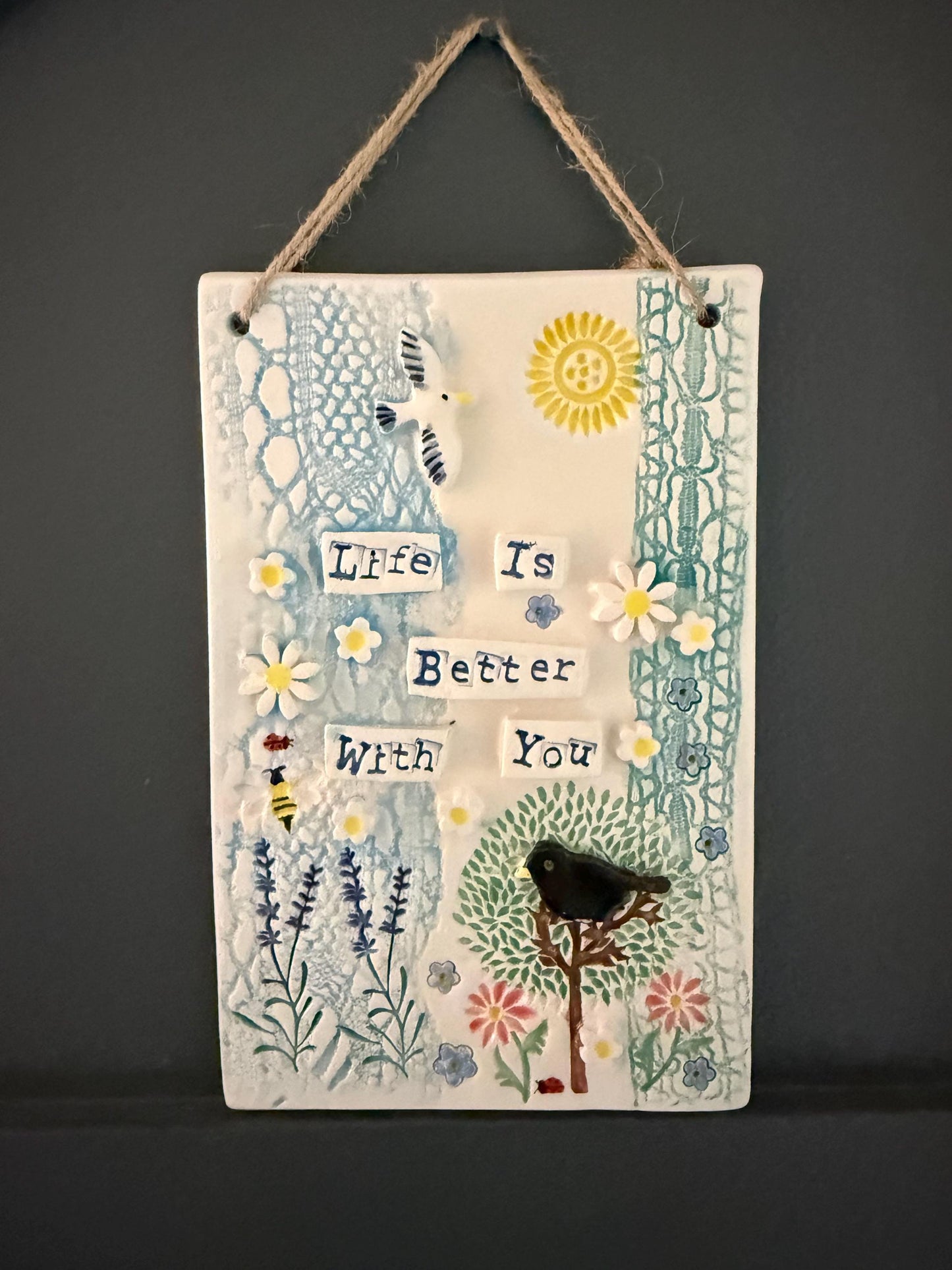 Handmade Inspirational Ceramic Wall Plaque. Hand Painted. Flowers, Birds, Garden