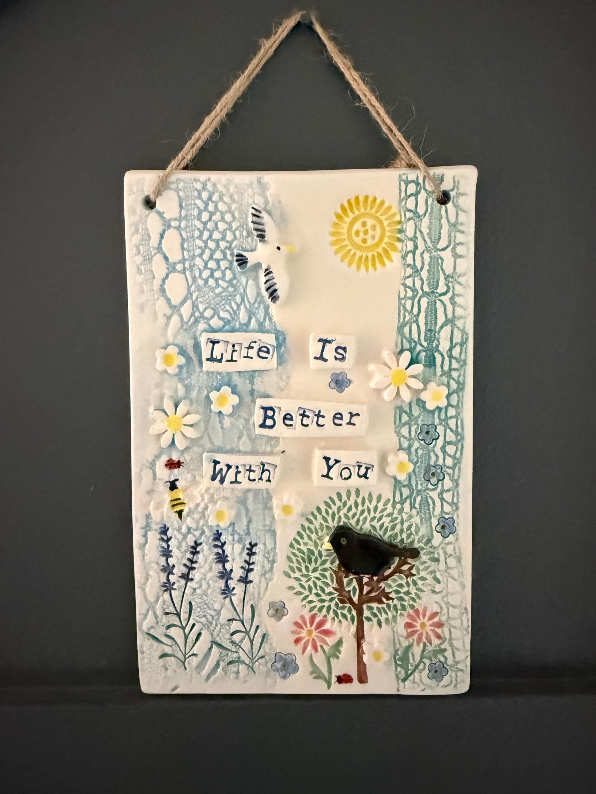 Handmade Inspirational Ceramic Wall Plaque. Hand Painted. Flowers, Birds, Garden