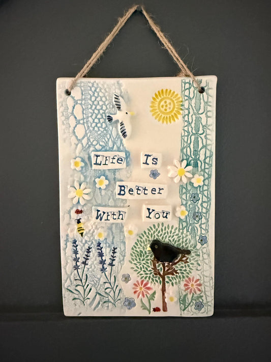 Handmade Inspirational Ceramic Wall Plaque. Hand Painted. Flowers, Birds, Garden