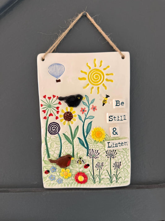 Handmade Inspirational Ceramic Wall Plaque. Hand Painted. Flowers, Birds, Garden