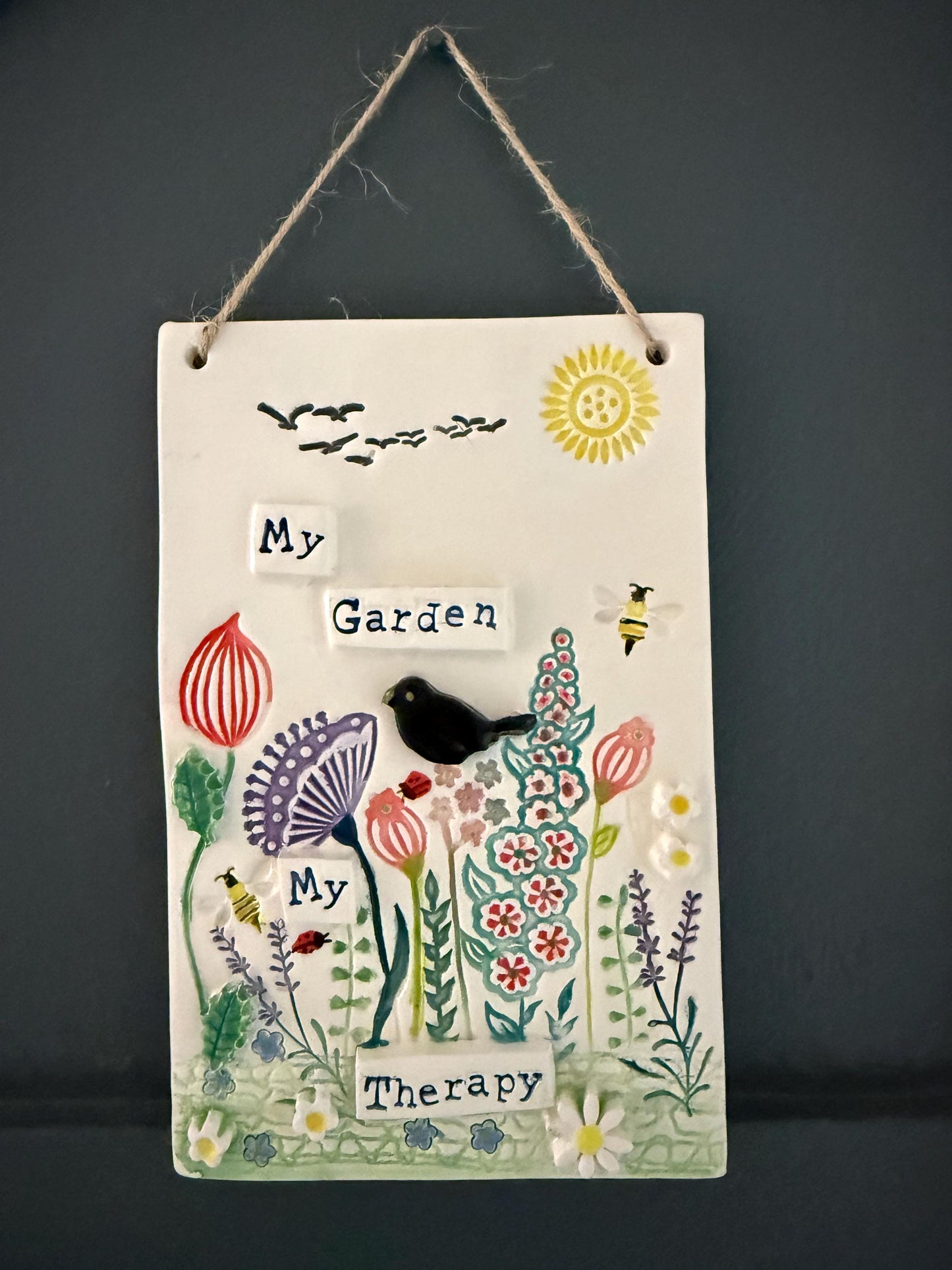 Handmade Inspirational Ceramic Wall Plaque. Hand Painted. Flowers, Birds, Garden