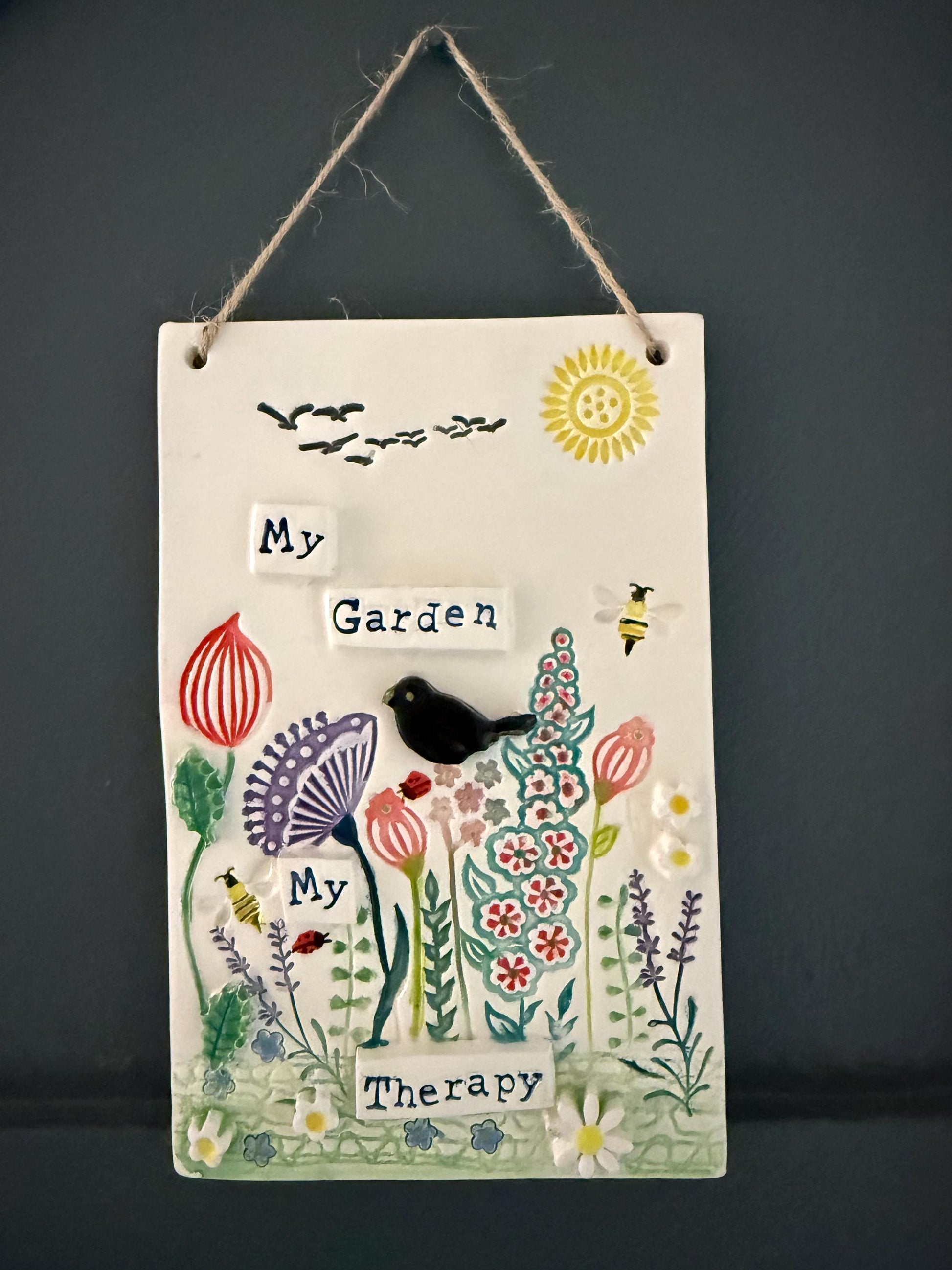 Handmade Inspirational Ceramic Wall Plaque. Hand Painted. Flowers, Birds, Garden