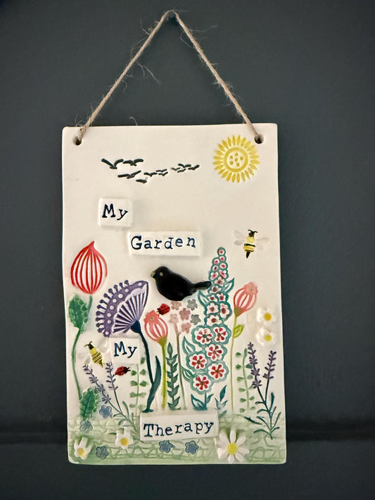 Handmade Inspirational Ceramic Wall Plaque. Hand Painted. Flowers, Birds, Garden