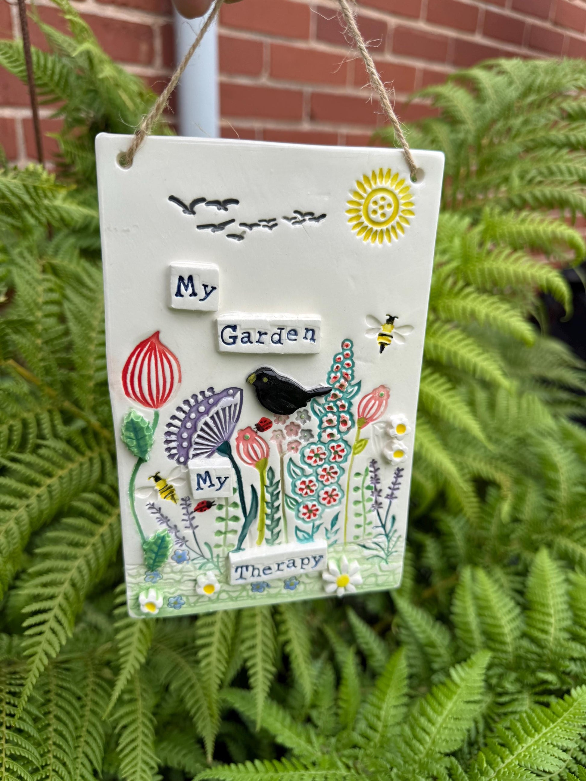 Handmade Inspirational Ceramic Wall Plaque. Hand Painted. Flowers, Birds, Garden