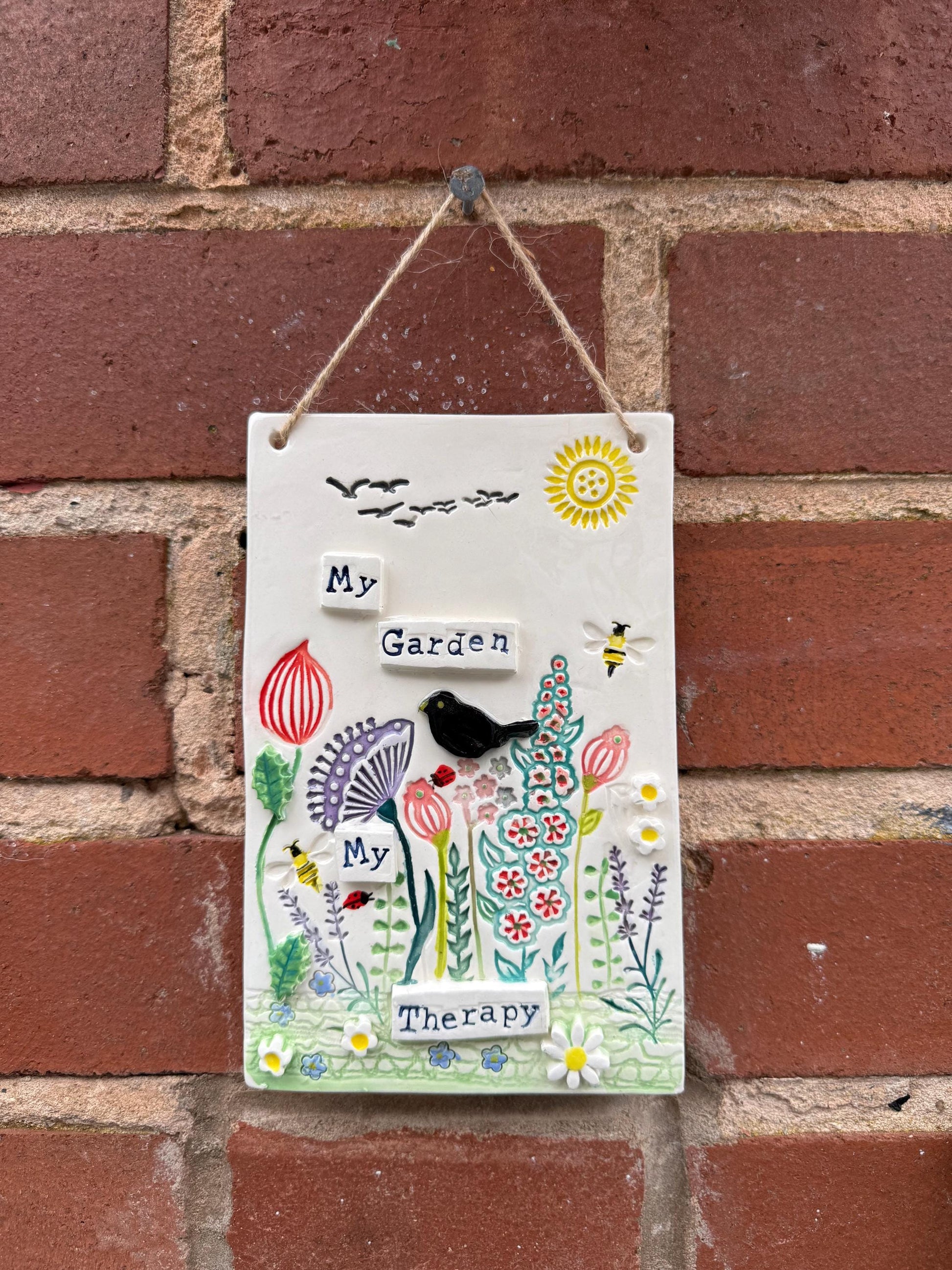 Handmade Inspirational Ceramic Wall Plaque. Hand Painted. Flowers, Birds, Garden