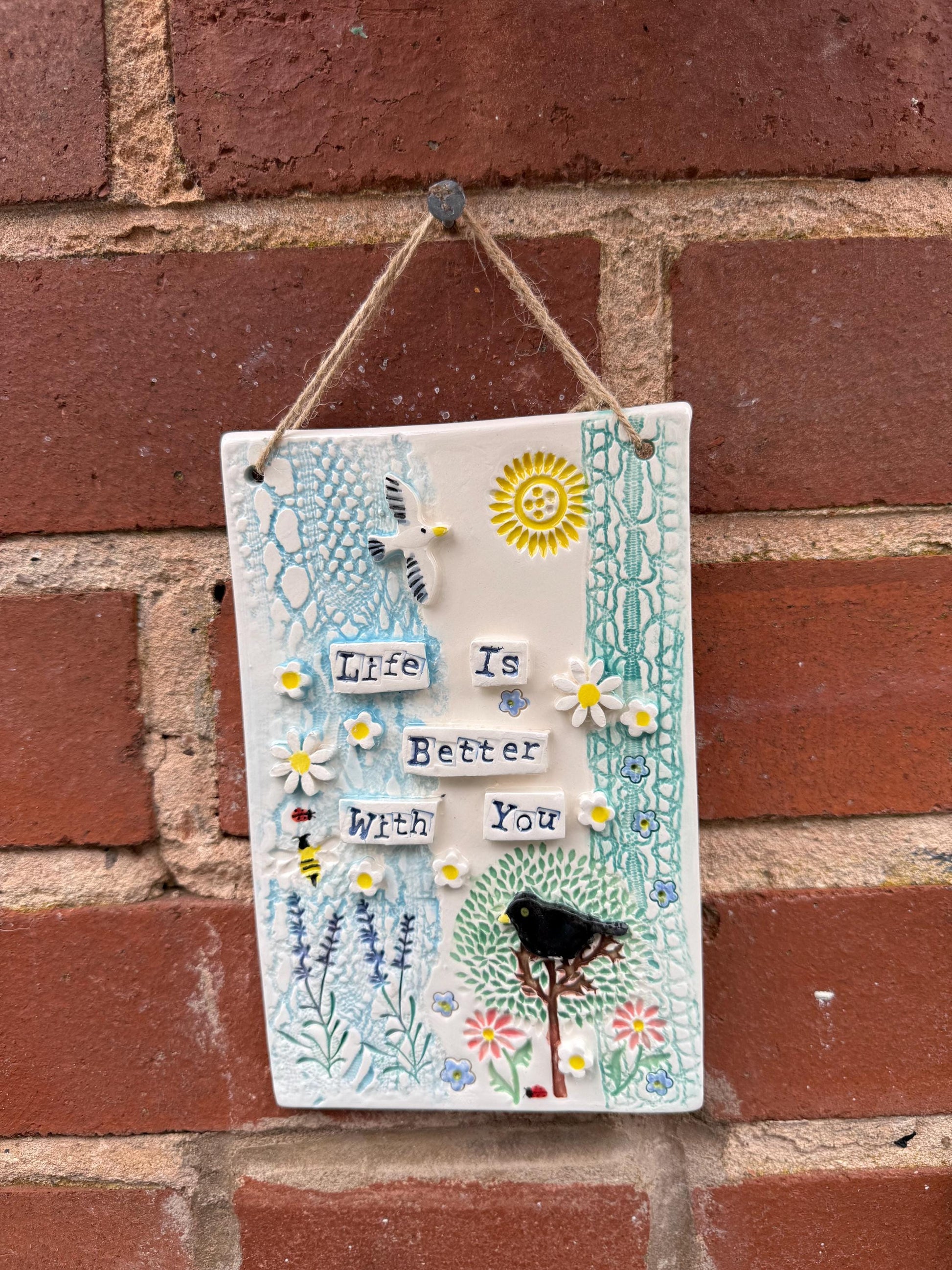 Handmade Inspirational Ceramic Wall Plaque. Hand Painted. Flowers, Birds, Garden