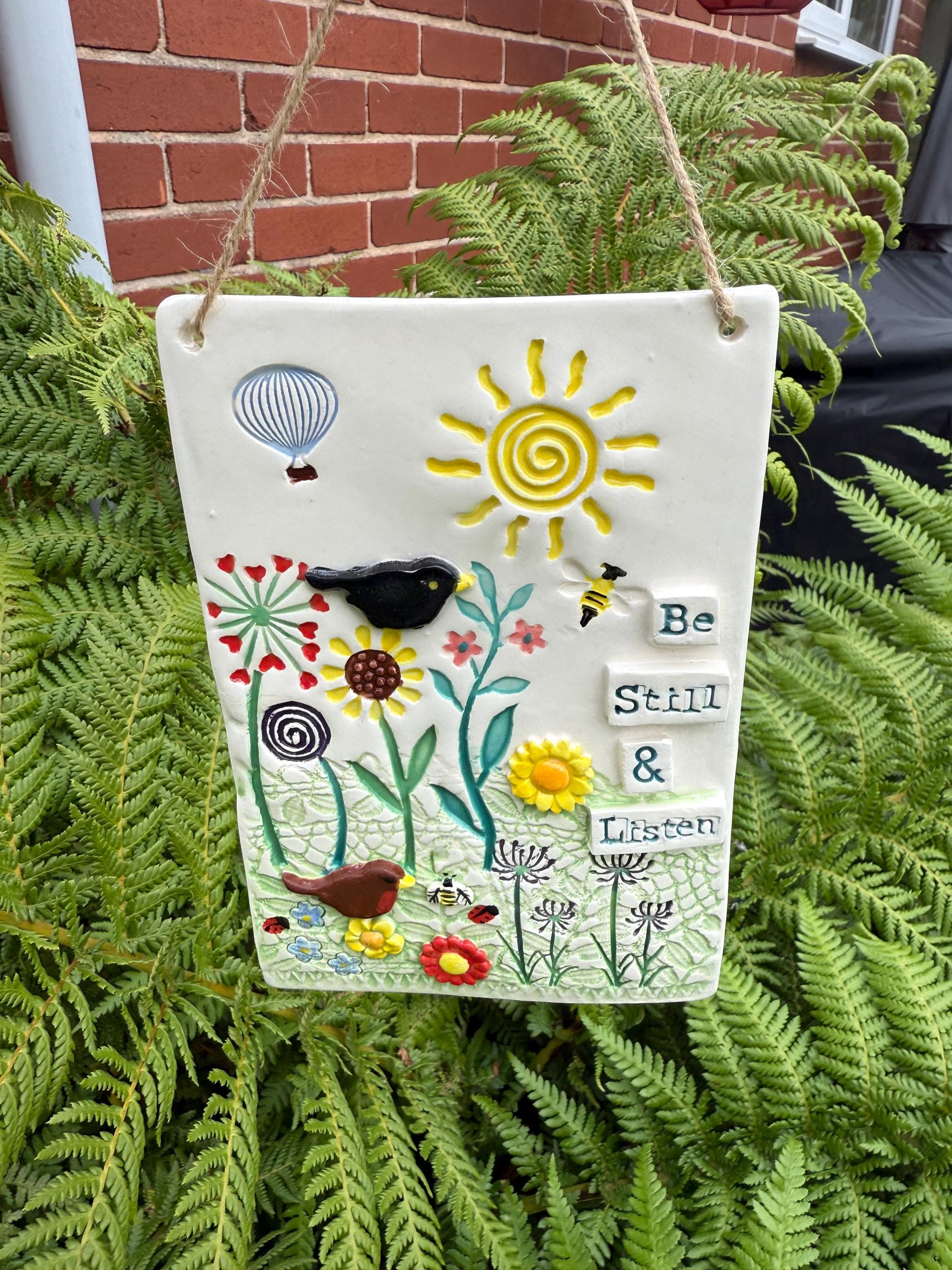 Handmade Inspirational Ceramic Wall Plaque. Hand Painted. Flowers, Birds, Garden