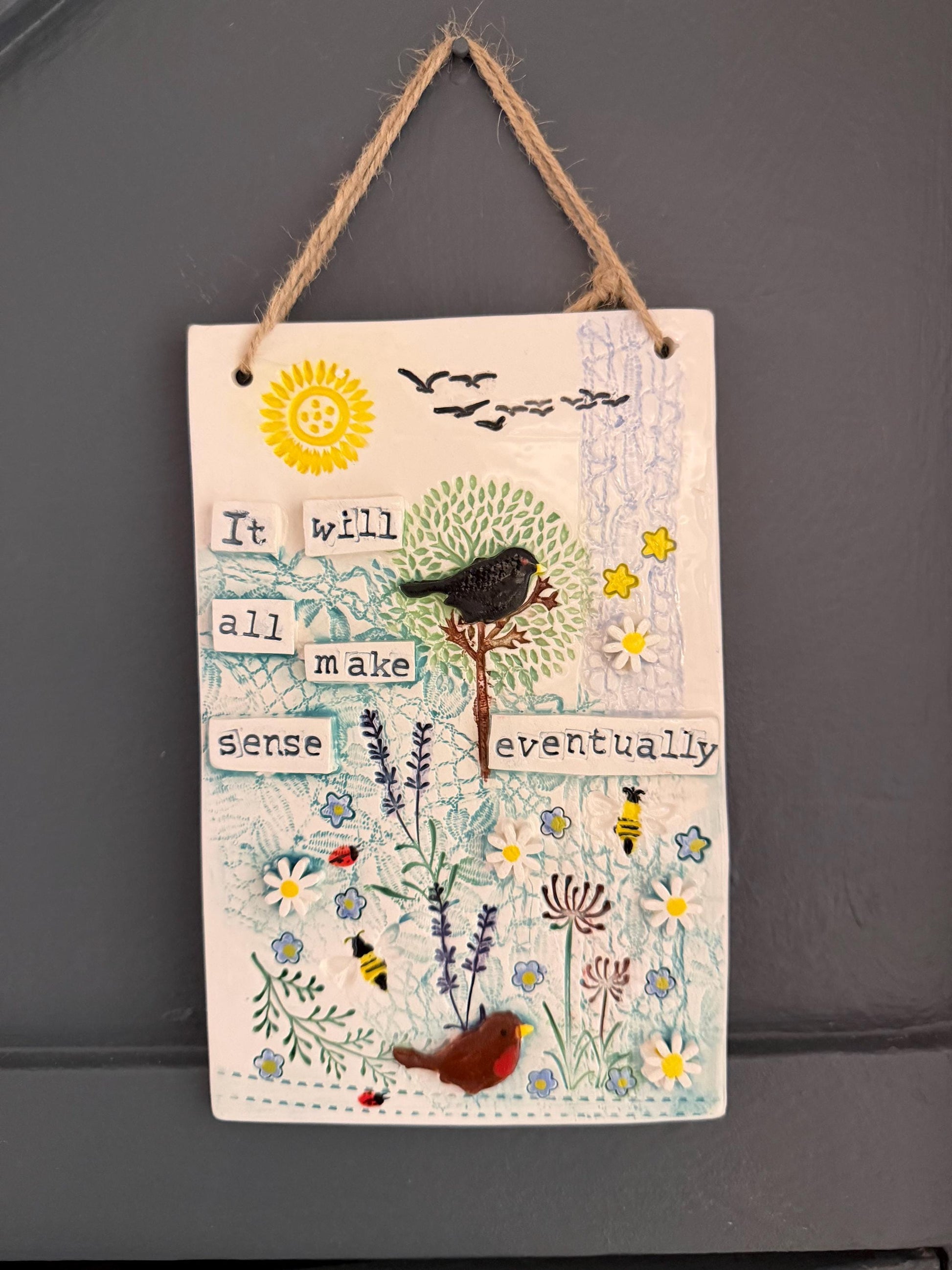 Handmade Inspirational Ceramic Wall Plaque. Hand Painted. Flowers, Birds, Garden