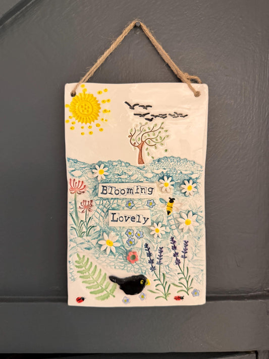 Handmade Inspirational Ceramic Wall Plaque. Hand Painted. Flowers, Birds, Garden