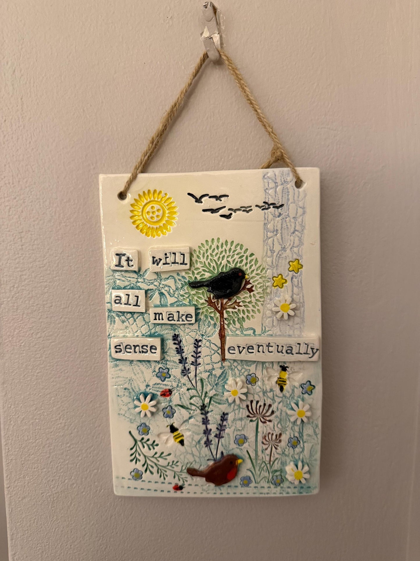 Handmade Inspirational Ceramic Wall Plaque. Hand Painted. Flowers, Birds, Garden