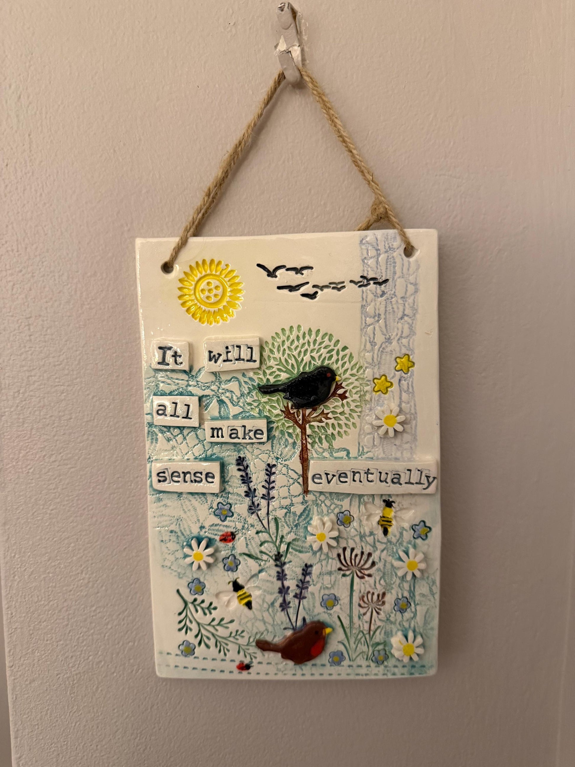 Handmade Inspirational Ceramic Wall Plaque. Hand Painted. Flowers, Birds, Garden