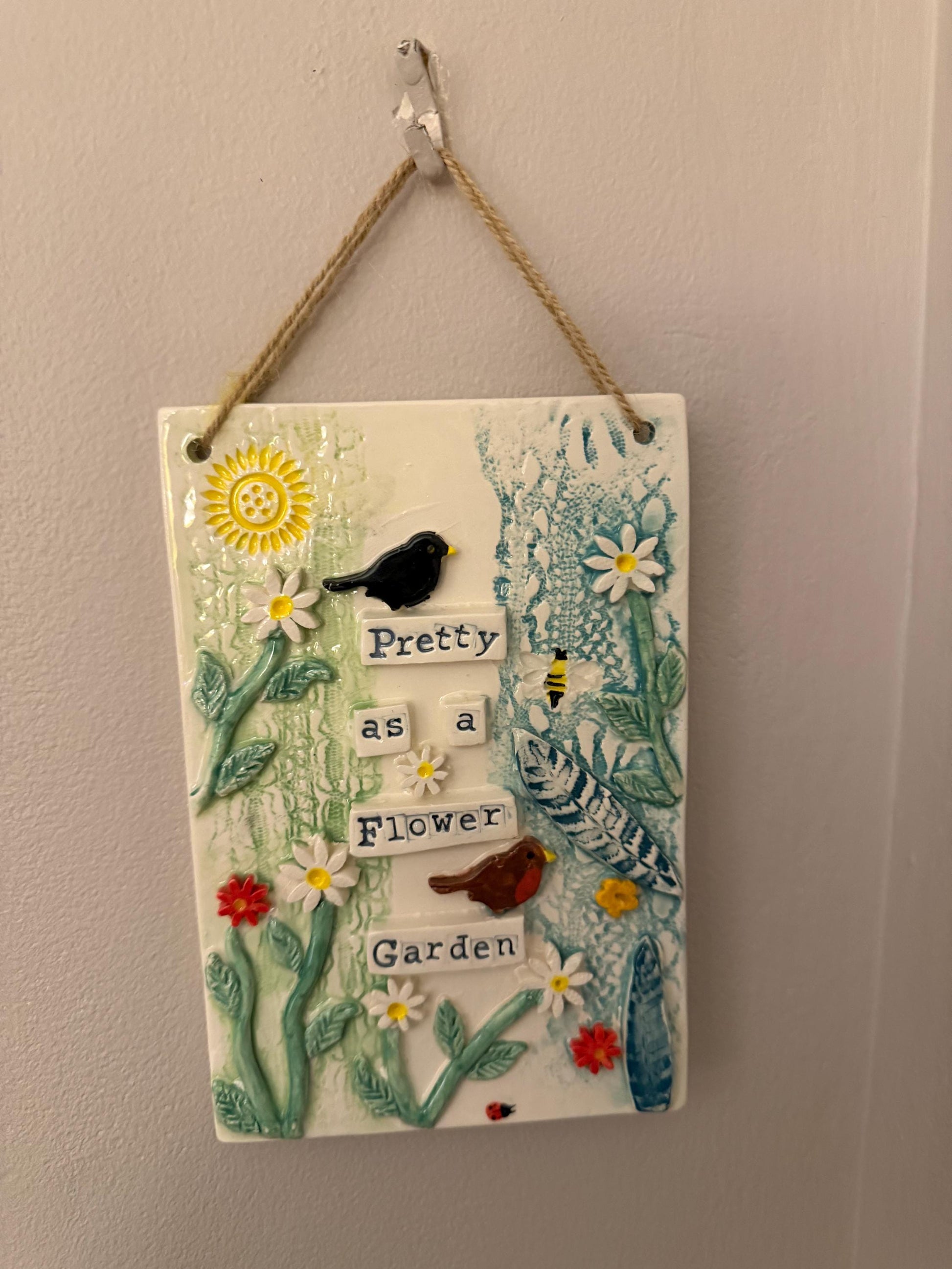 Handmade Inspirational Ceramic Wall Plaque. Hand Painted. Flowers, Birds, Garden