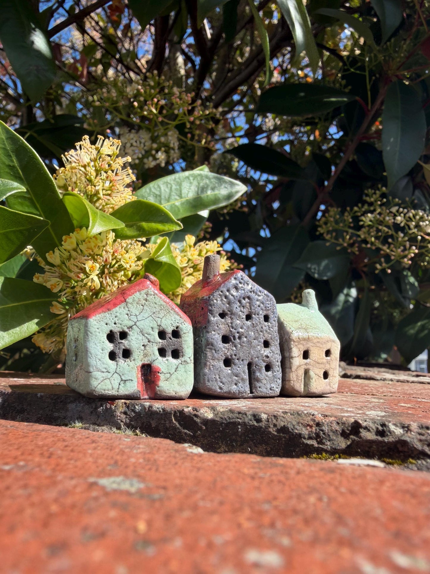 Set of 3 Raku Miniature Ceramic Houses