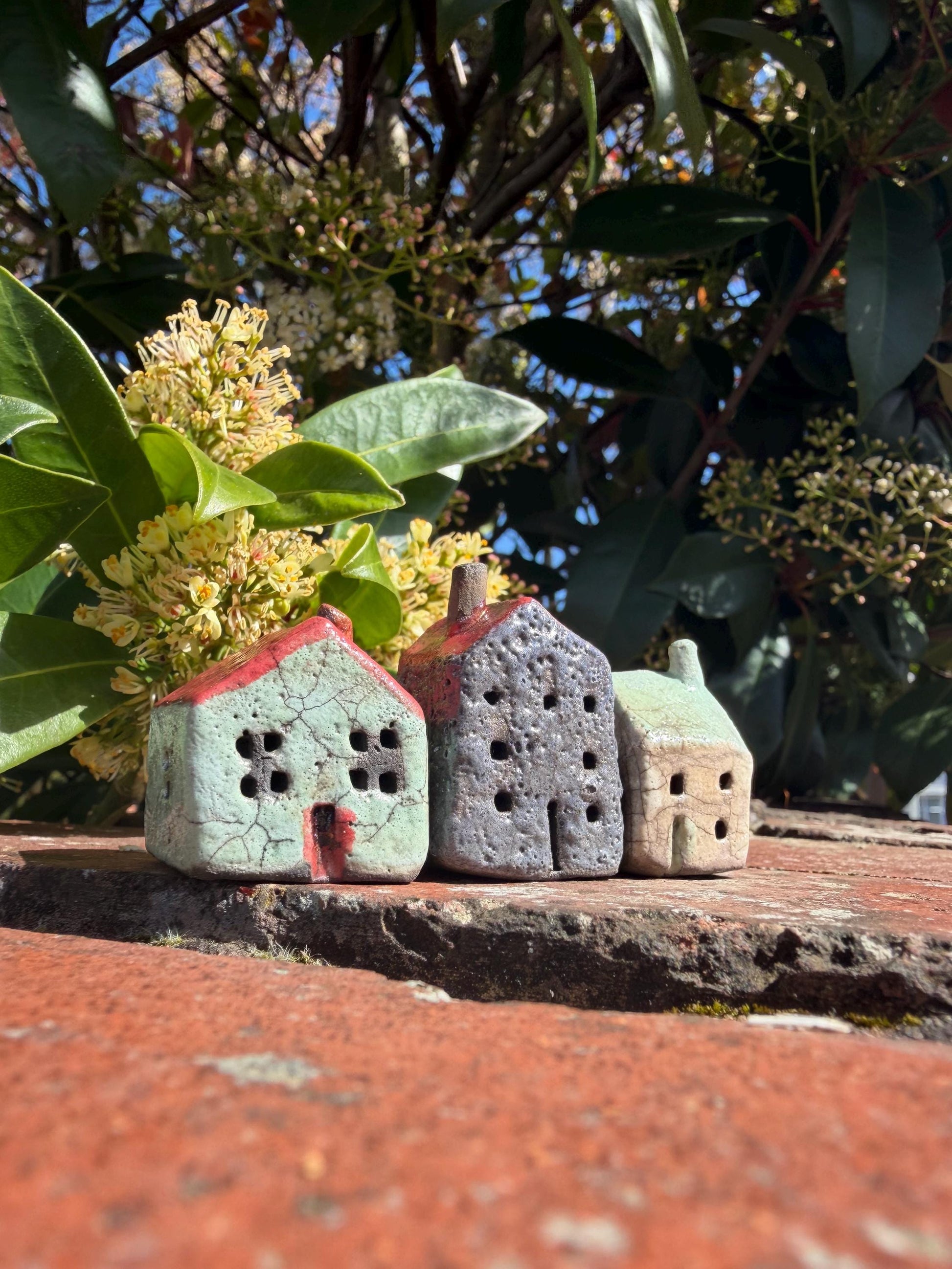 Set of 3 Raku Miniature Ceramic Houses