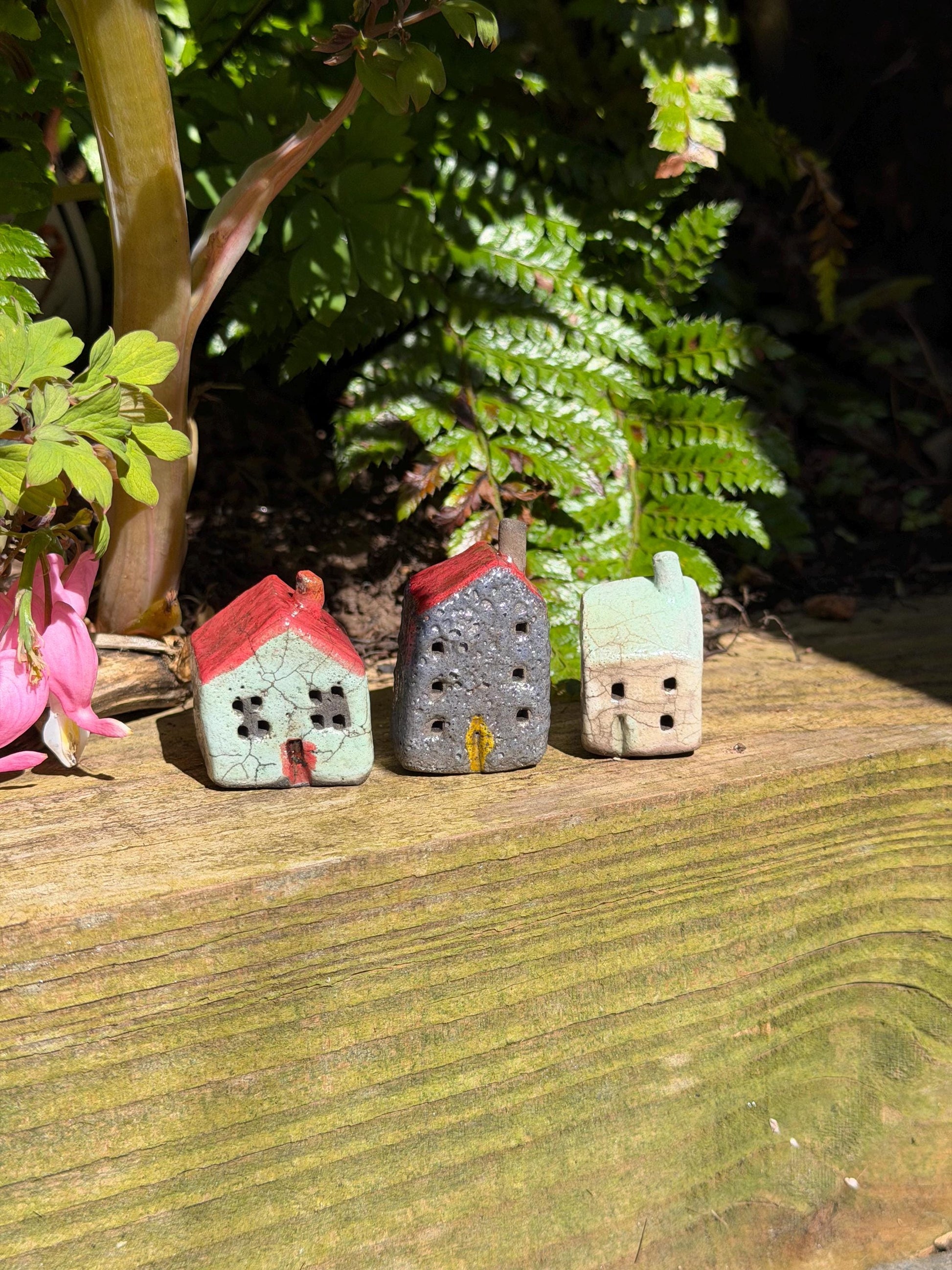 Set of 3 Raku Miniature Ceramic Houses