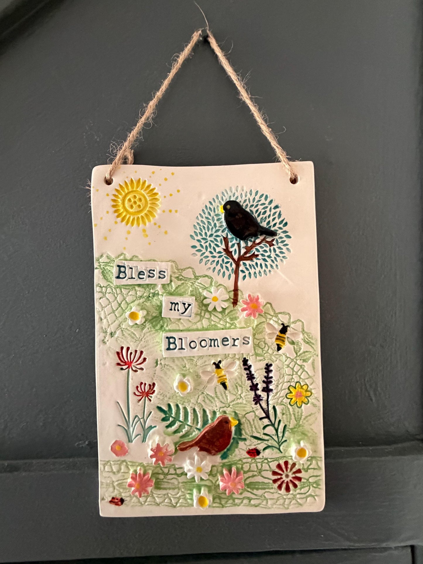 Handmade Inspirational Ceramic Wall Plaque. Hand Painted. Flowers, Birds, Garden