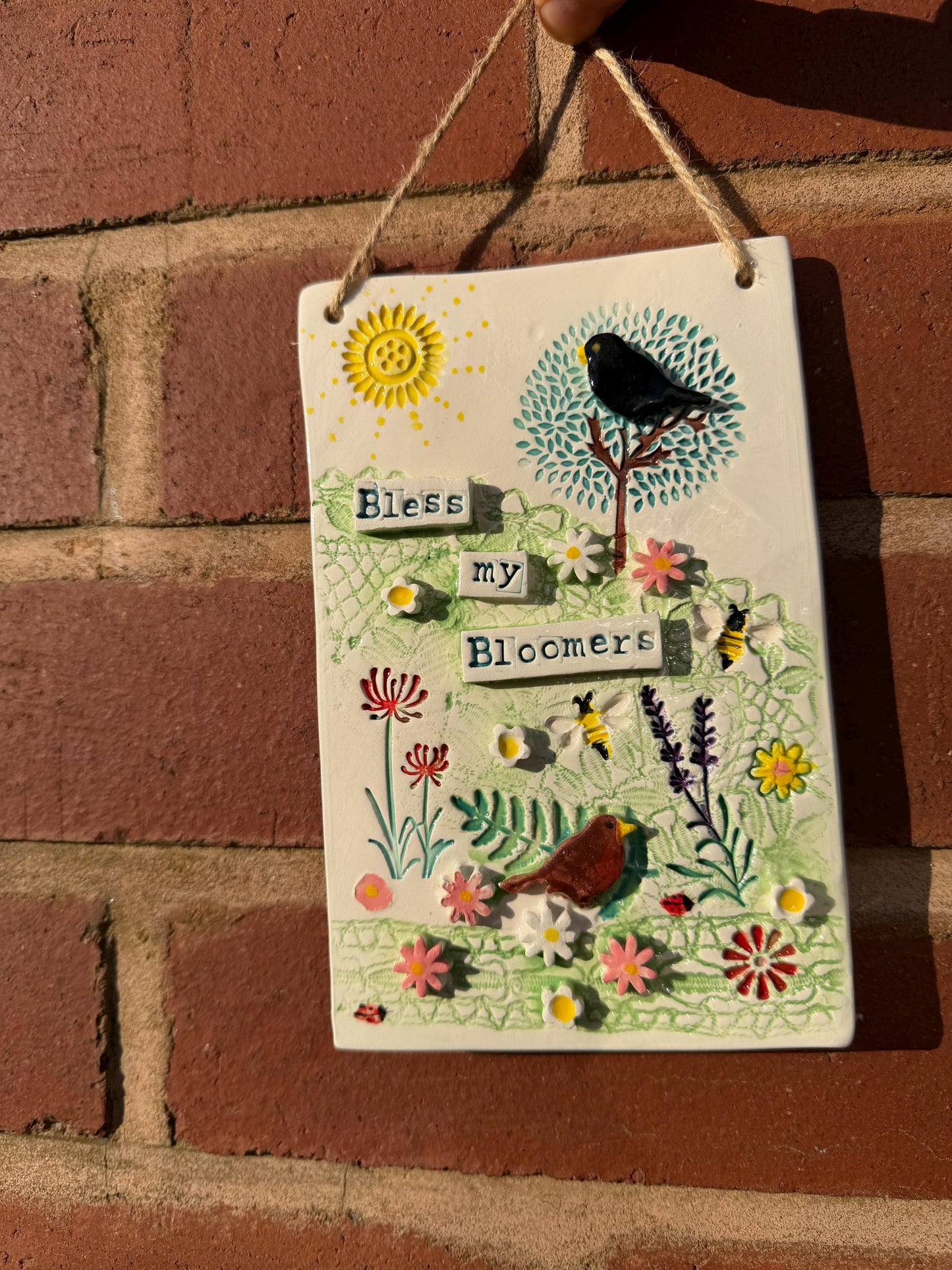 Handmade Inspirational Ceramic Wall Plaque. Hand Painted. Flowers, Birds, Garden