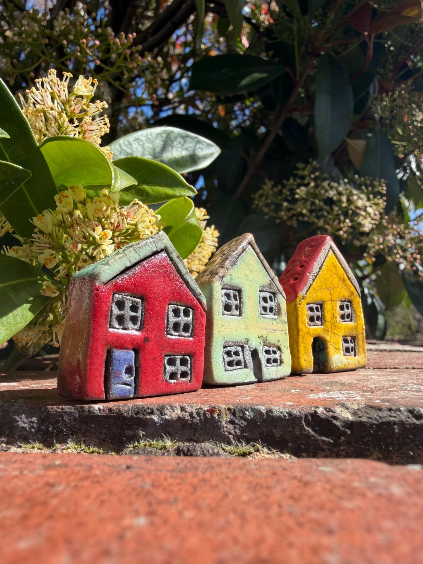 Set of 3 Raku Miniature Ceramic Houses