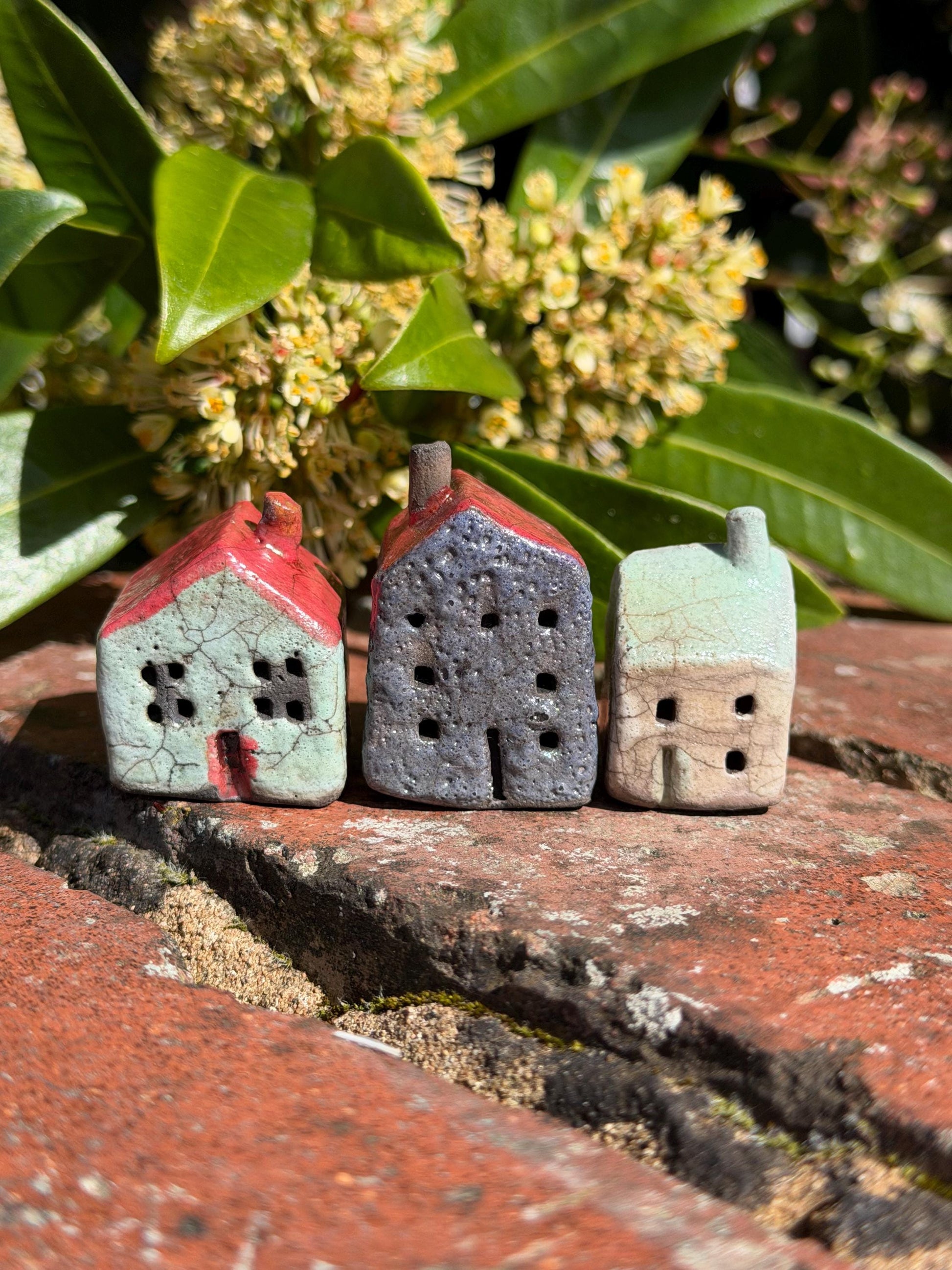 Set of 3 Raku Miniature Ceramic Houses