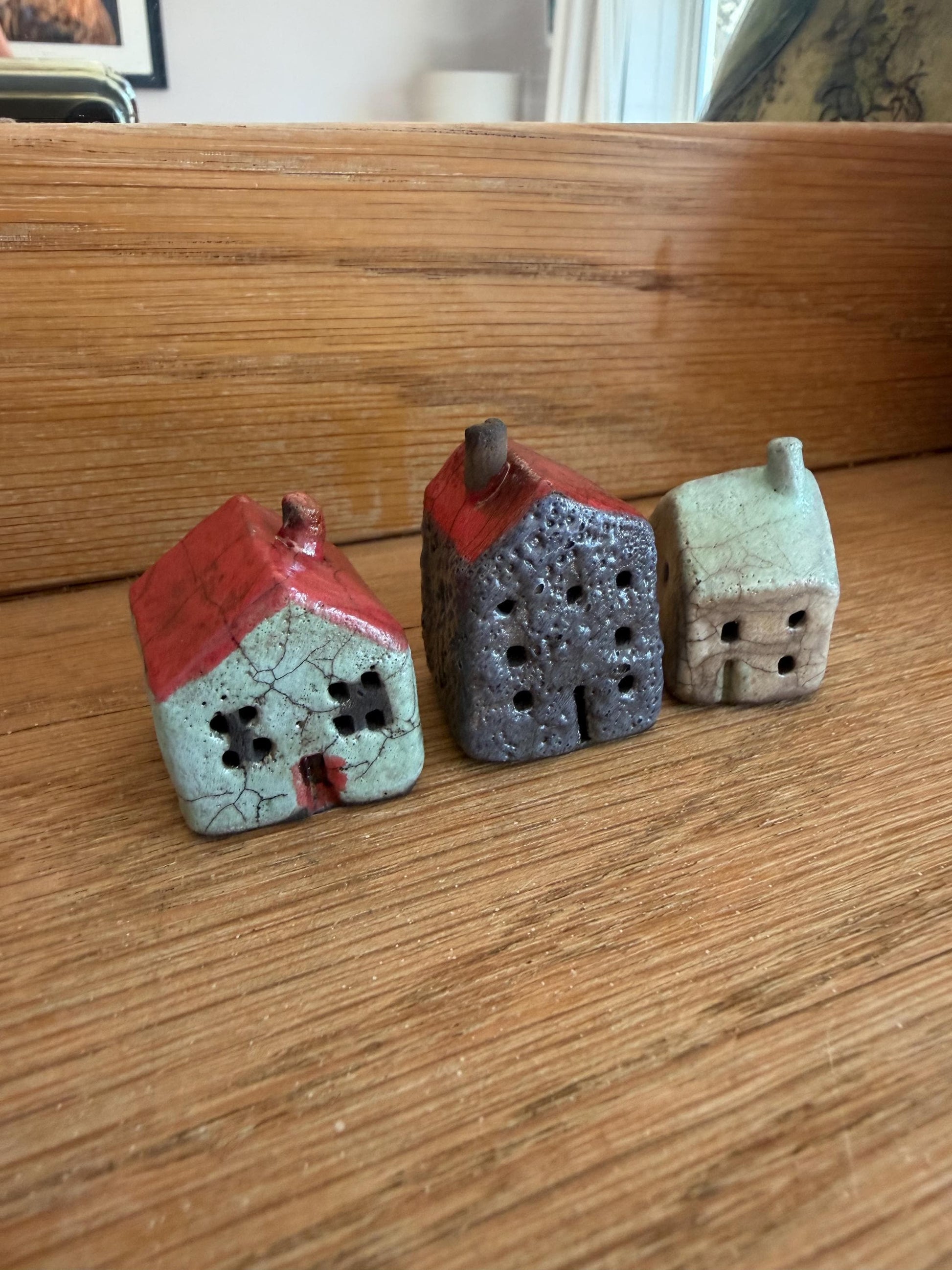 Set of 3 Raku Miniature Ceramic Houses