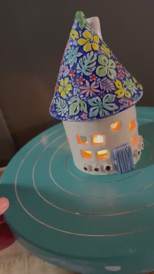 Ceramic Round Fairy Elf House Tea Light Holder